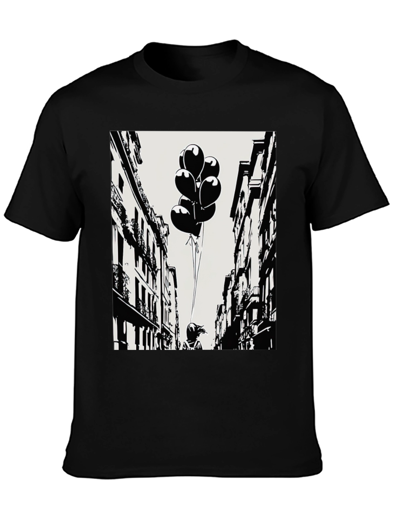 Whimsical Cityscape Tee - Balloon Girl Graphic T-Shirt