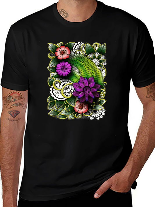 Floral Patterned Mens Black T-Shirt