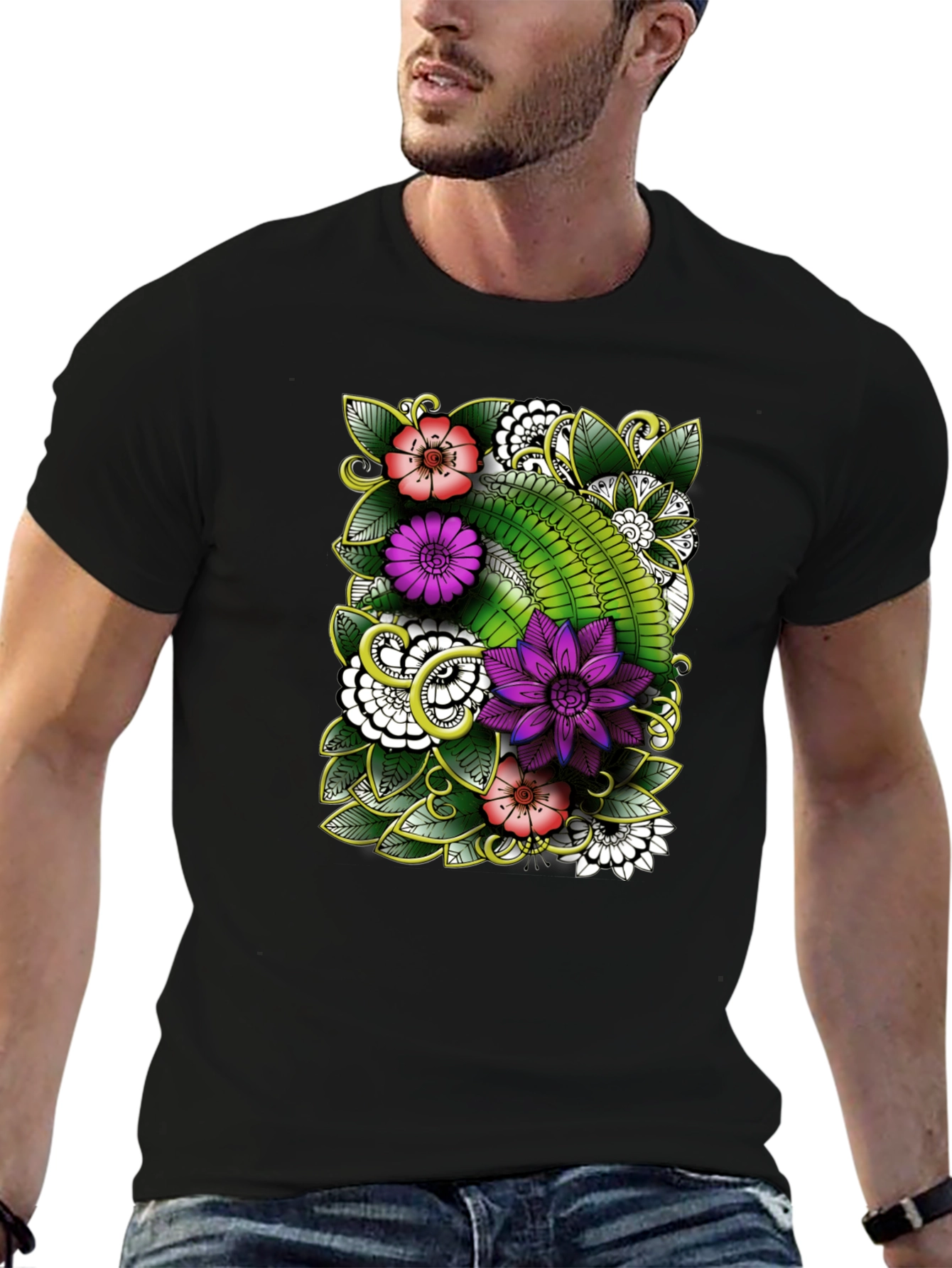 Floral Patterned Mens Black T-Shirt