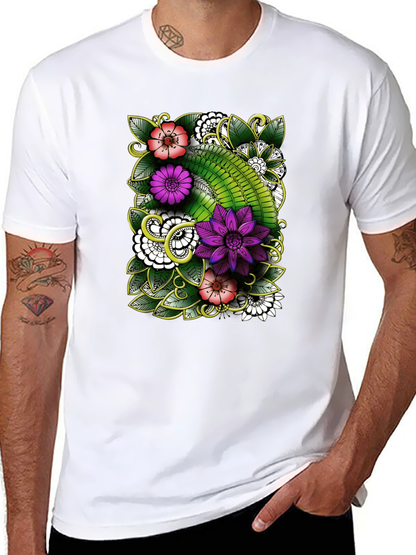 Floral Patterned Mens Black T-Shirt