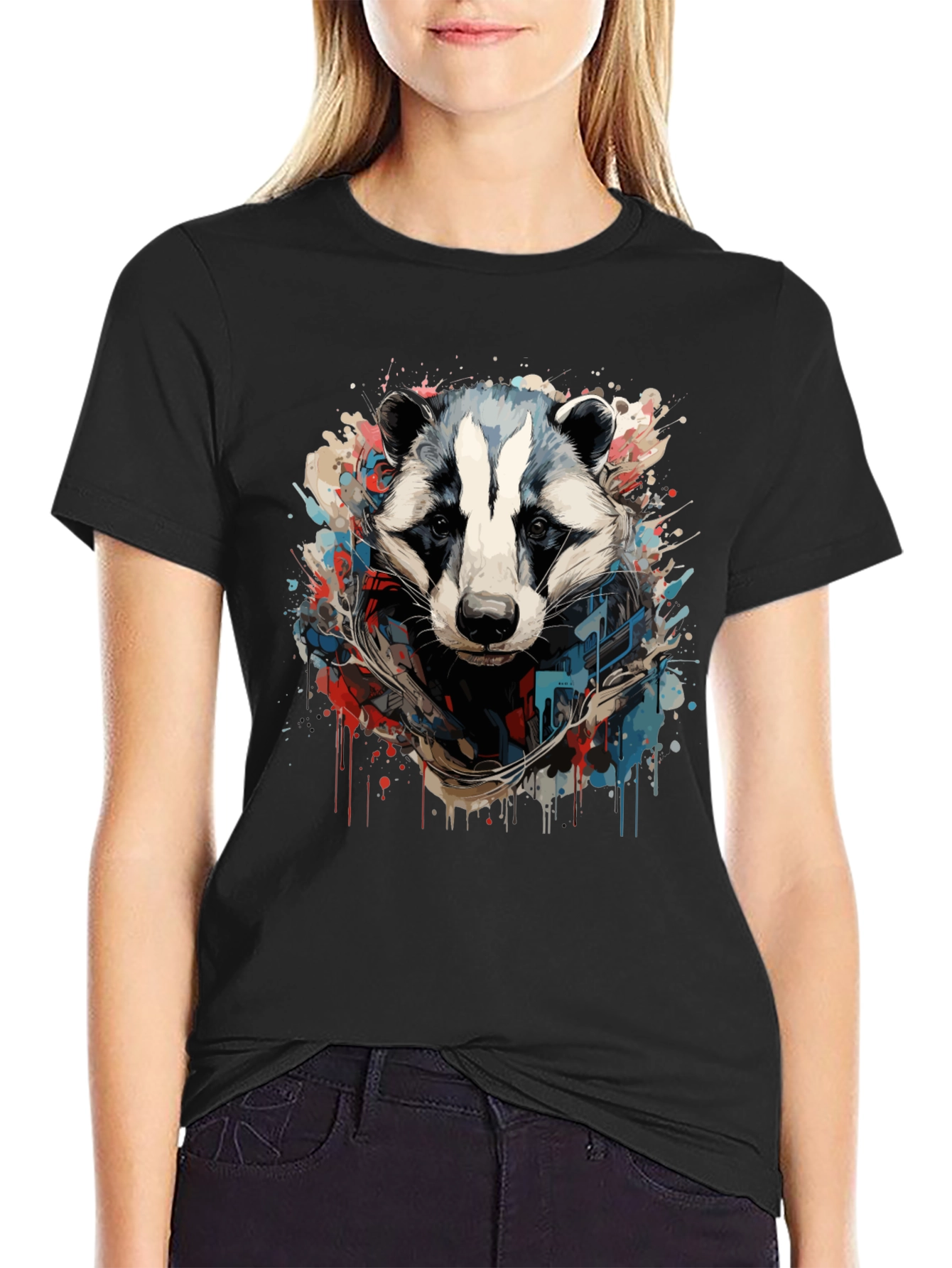 Mens Black Graphic Tee - Raccoon Art