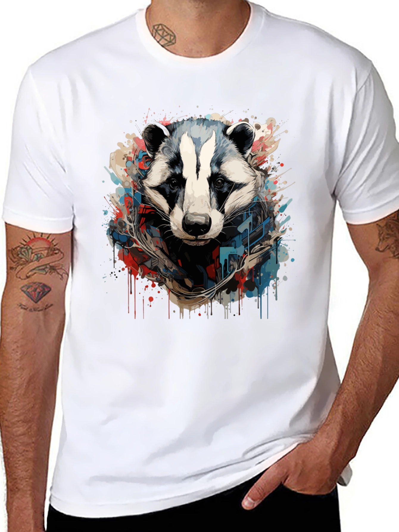 Mens Black Graphic Tee - Raccoon Art