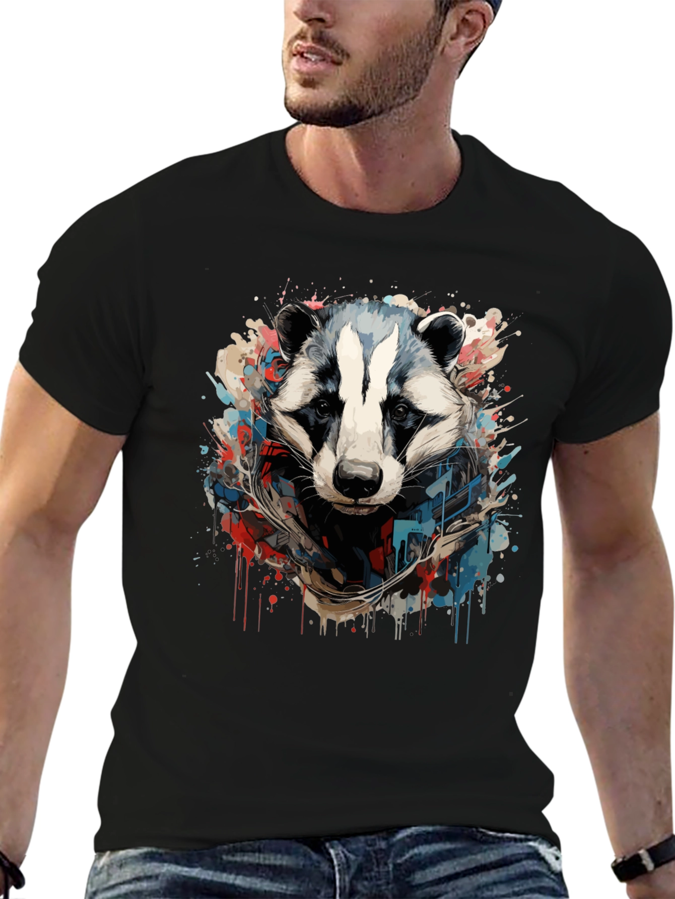 Mens Black Graphic Tee - Raccoon Art