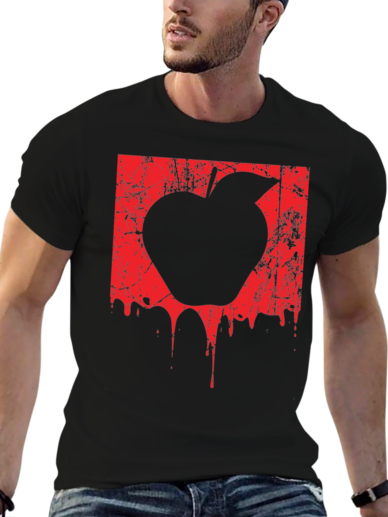 Mens Black T-Shirt with Red Apple Graphic