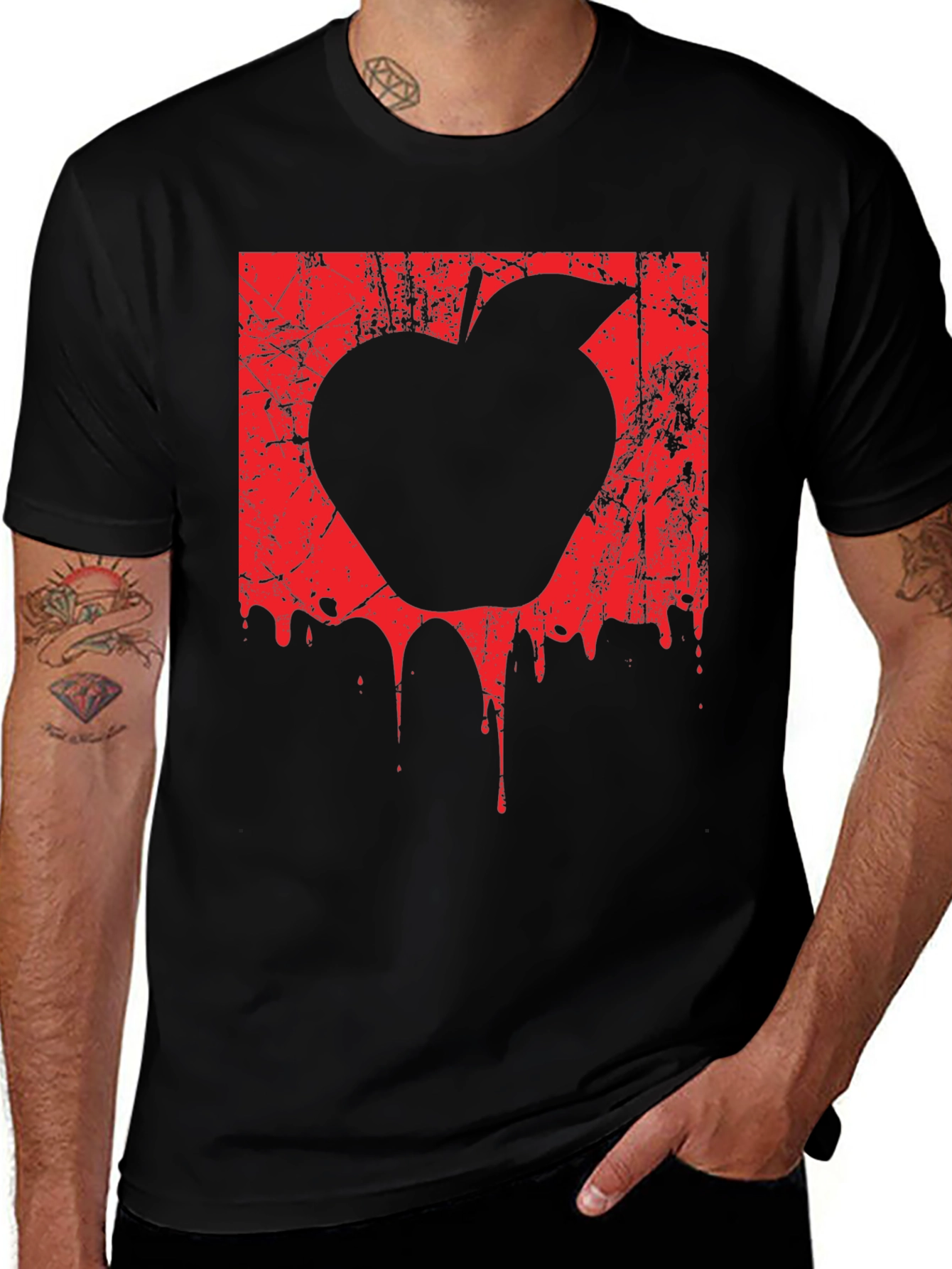 Mens Black T-Shirt with Red Apple Graphic