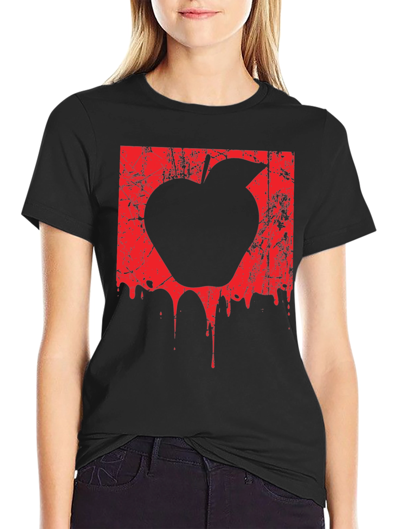 Mens Black T-Shirt with Red Apple Graphic