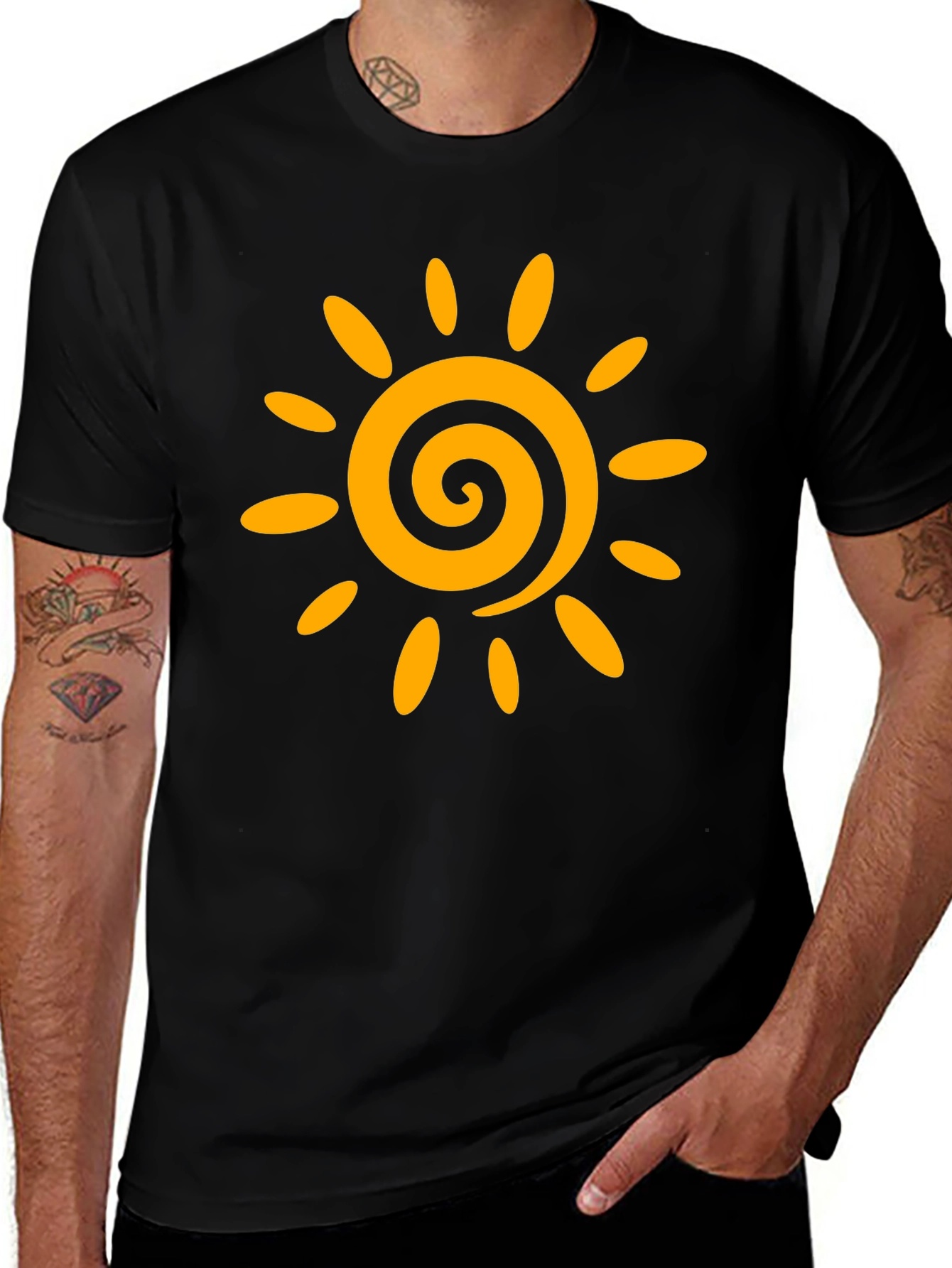 Black T-Shirt with Golden Sun Graphic