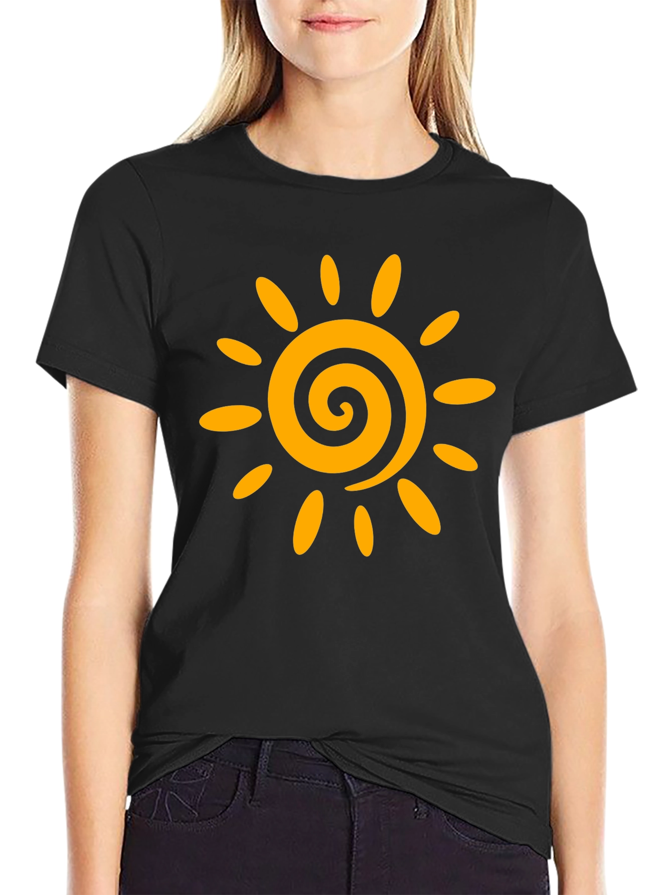 Black T-Shirt with Golden Sun Graphic