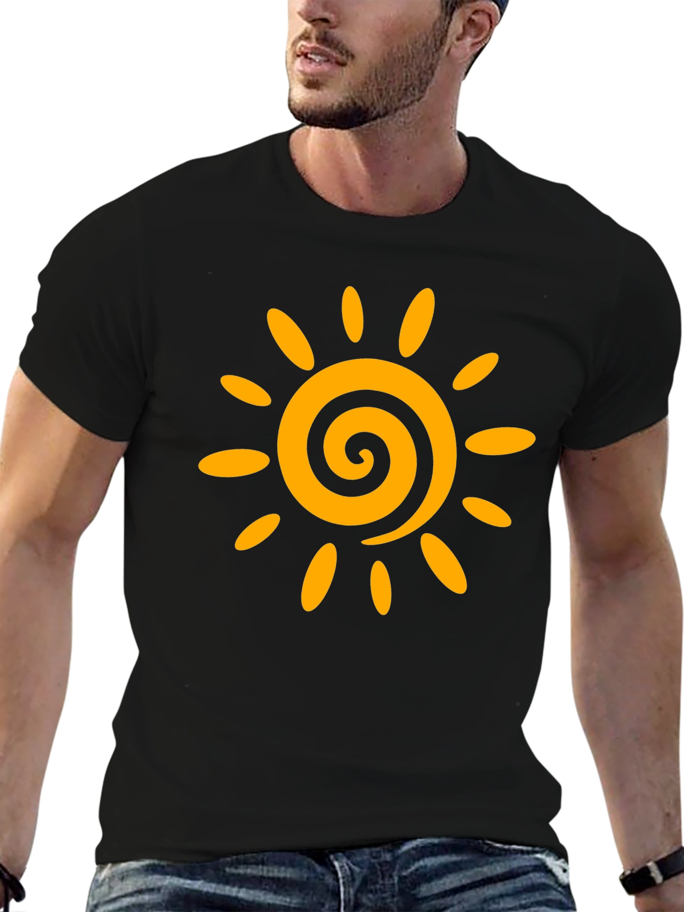 Black T-Shirt with Golden Sun Graphic