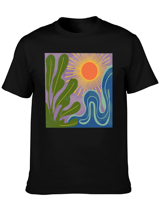 Abstract Sun & Plant Graphic Tee - Black Cotton Blend