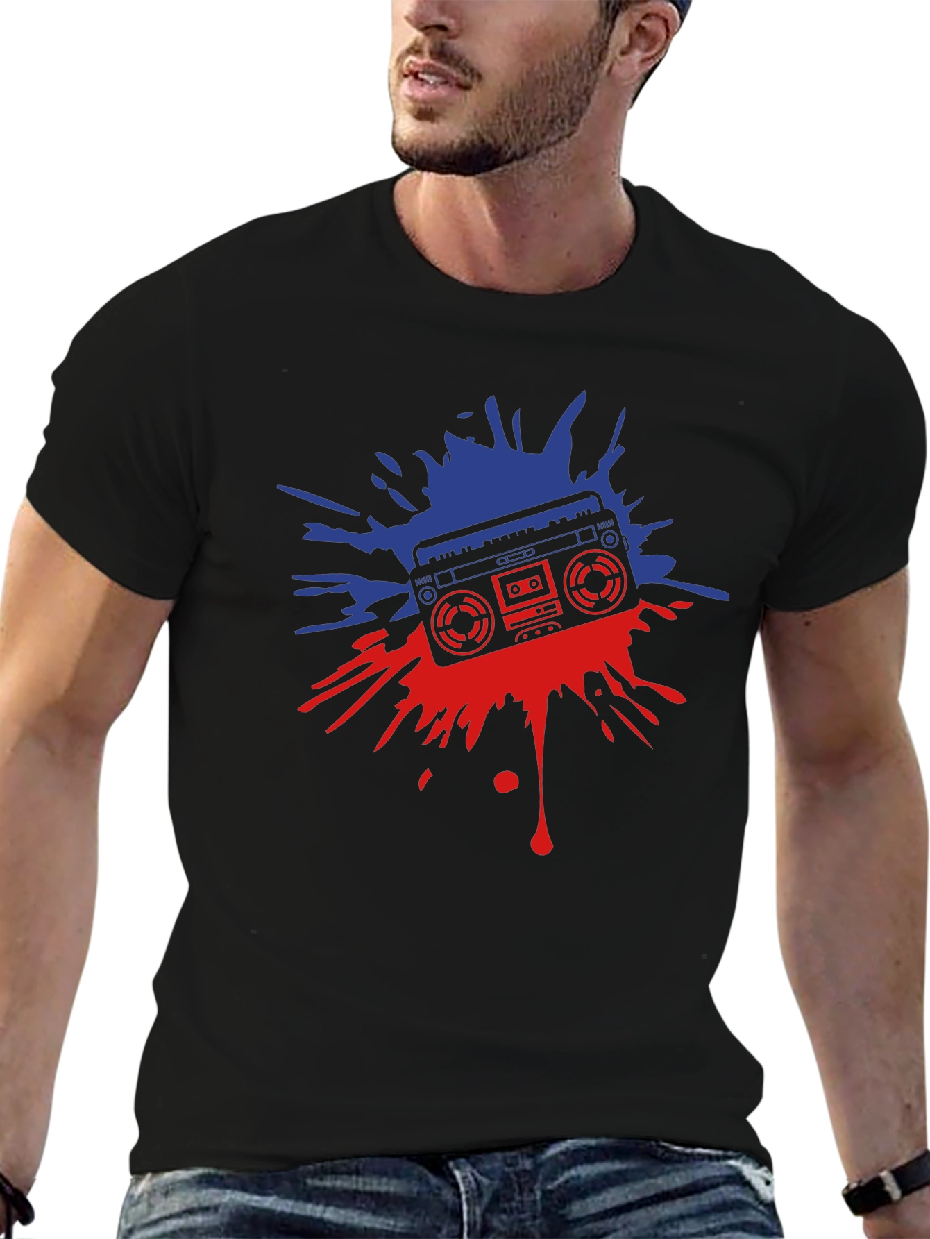 Retro Boombox Graphic Tee - Black Cotton T-Shirt