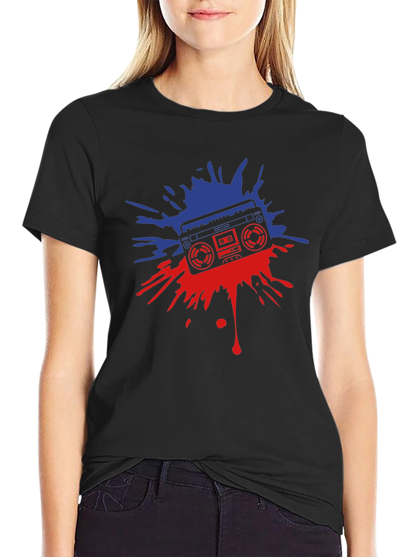 Retro Boombox Graphic Tee - Black Cotton T-Shirt