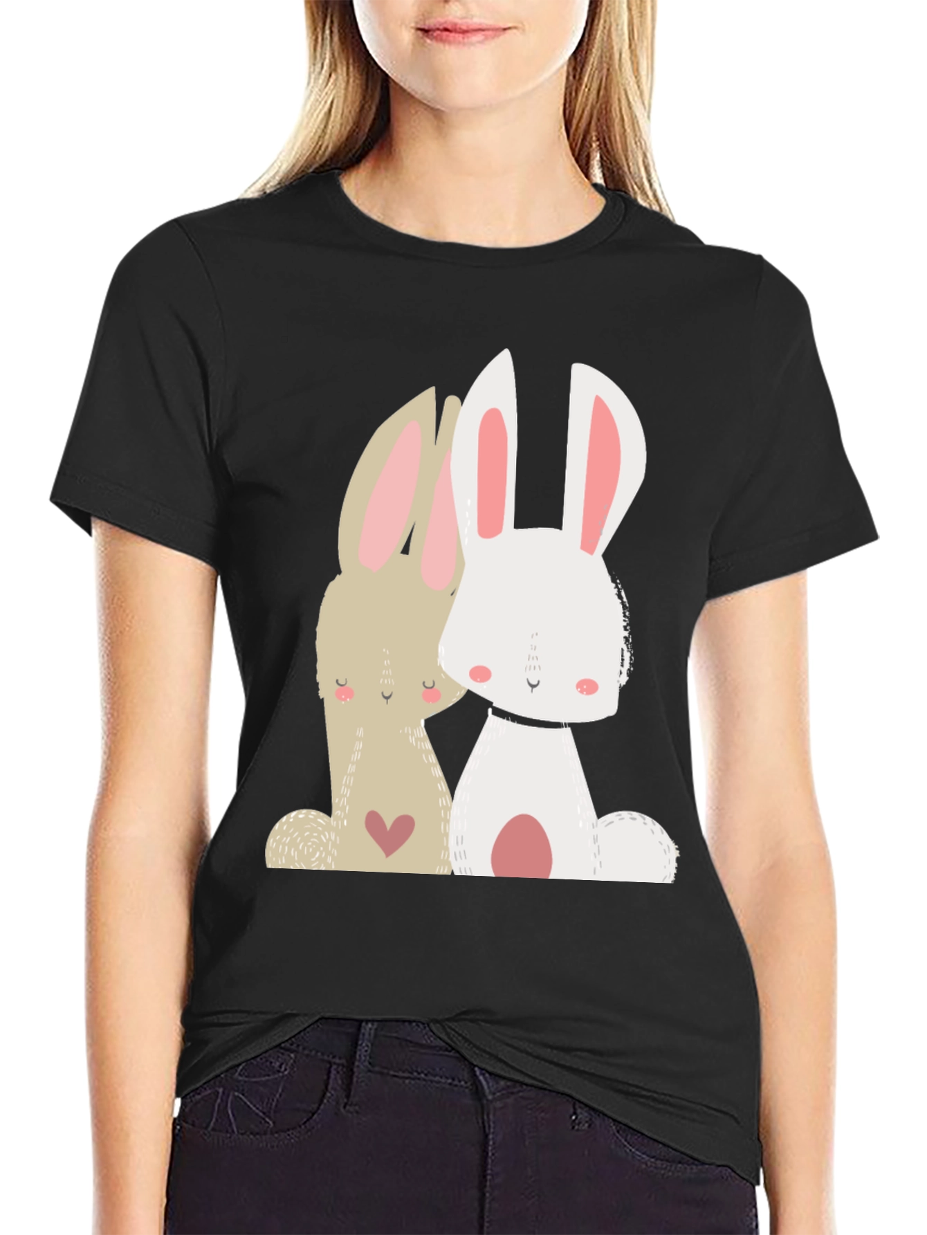 Cute Bunny Graphic Tee - Black Cotton Blend T-Shirt
