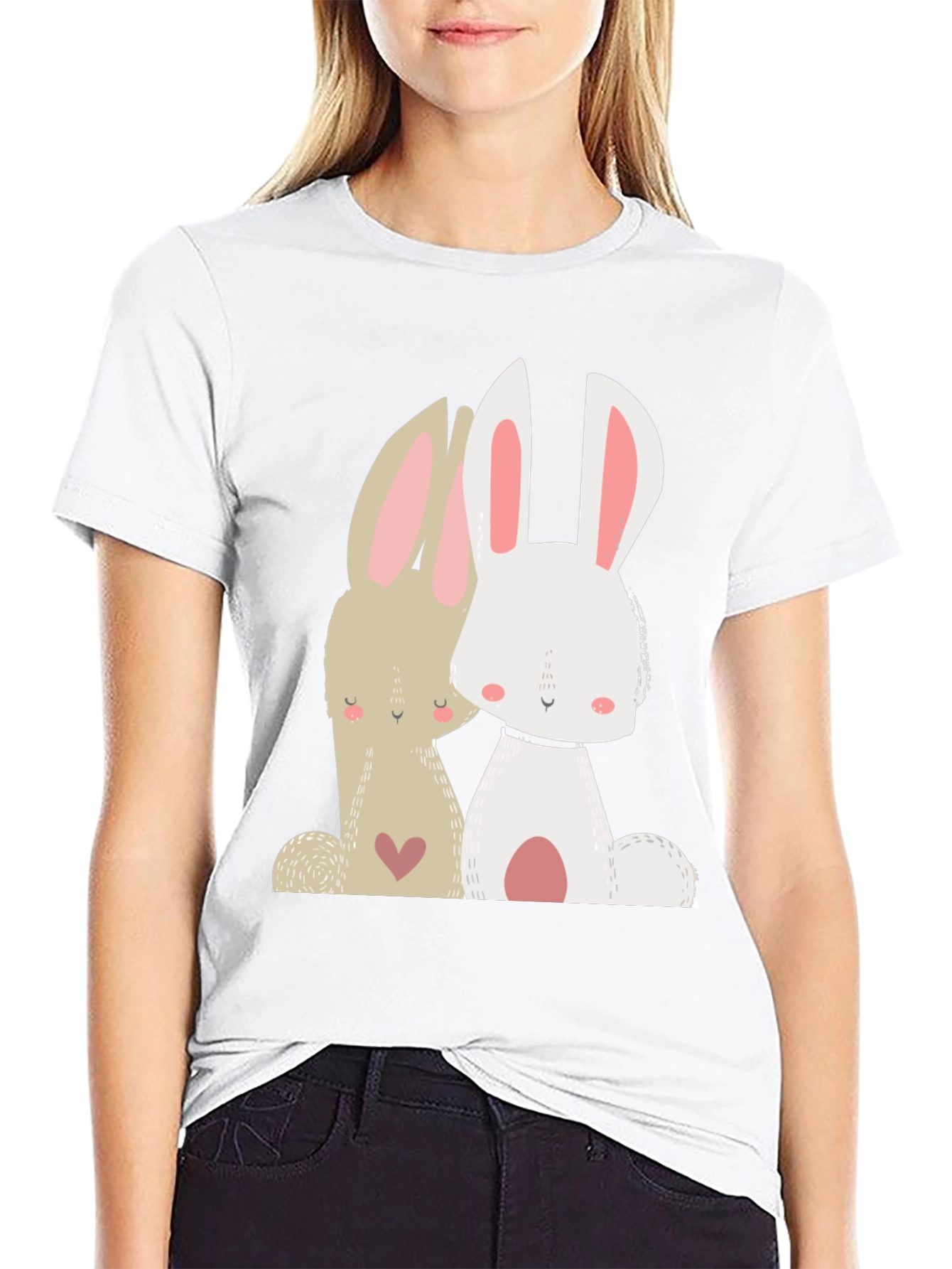 Cute Bunny Graphic Tee - Black Cotton Blend T-Shirt