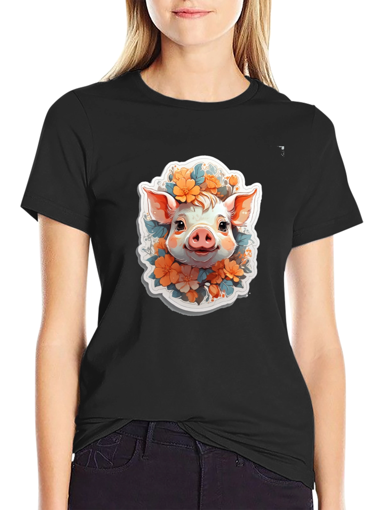 Cute Piglet Floral Tee - Artistic Comfort