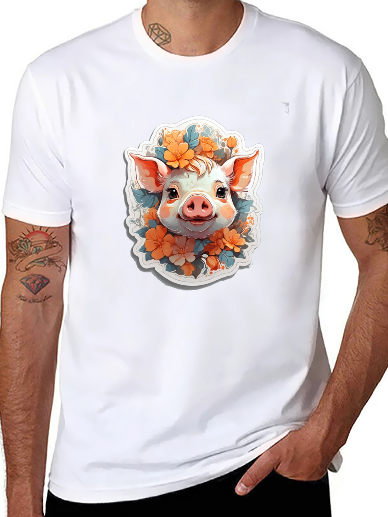 Cute Piglet Floral Tee - Artistic Comfort