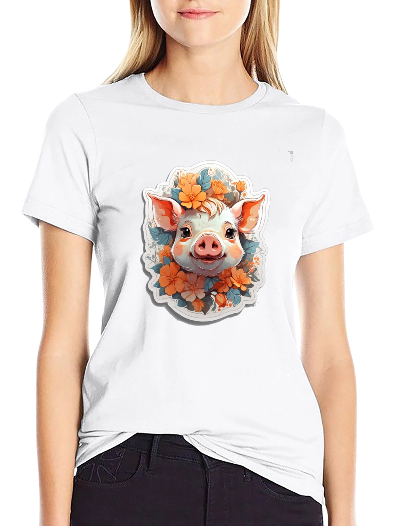 Cute Piglet Floral Tee - Artistic Comfort