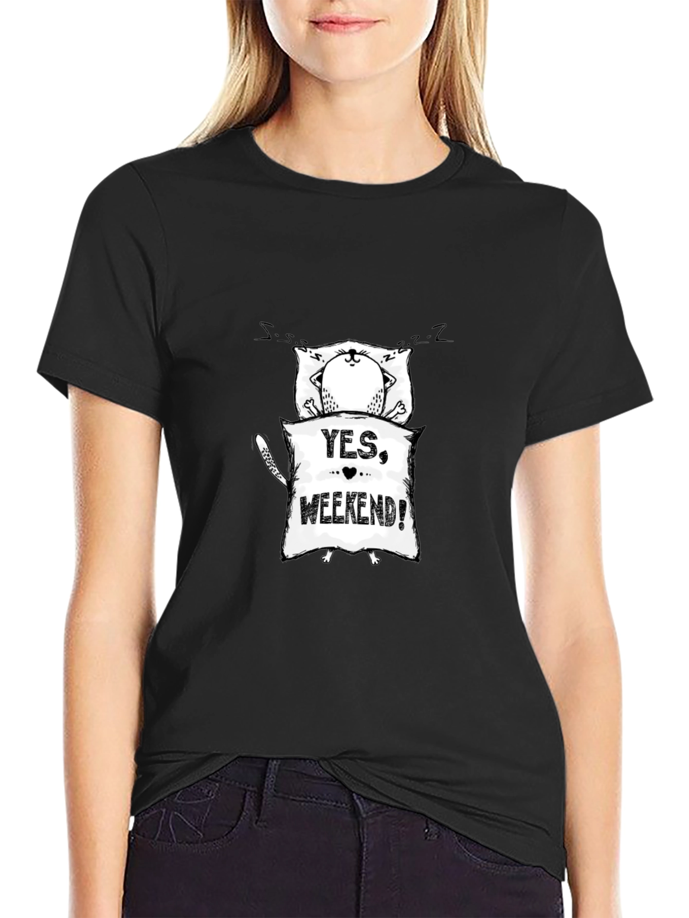 Yes Weekend! Sleepy Cat Graphic Tee - Black