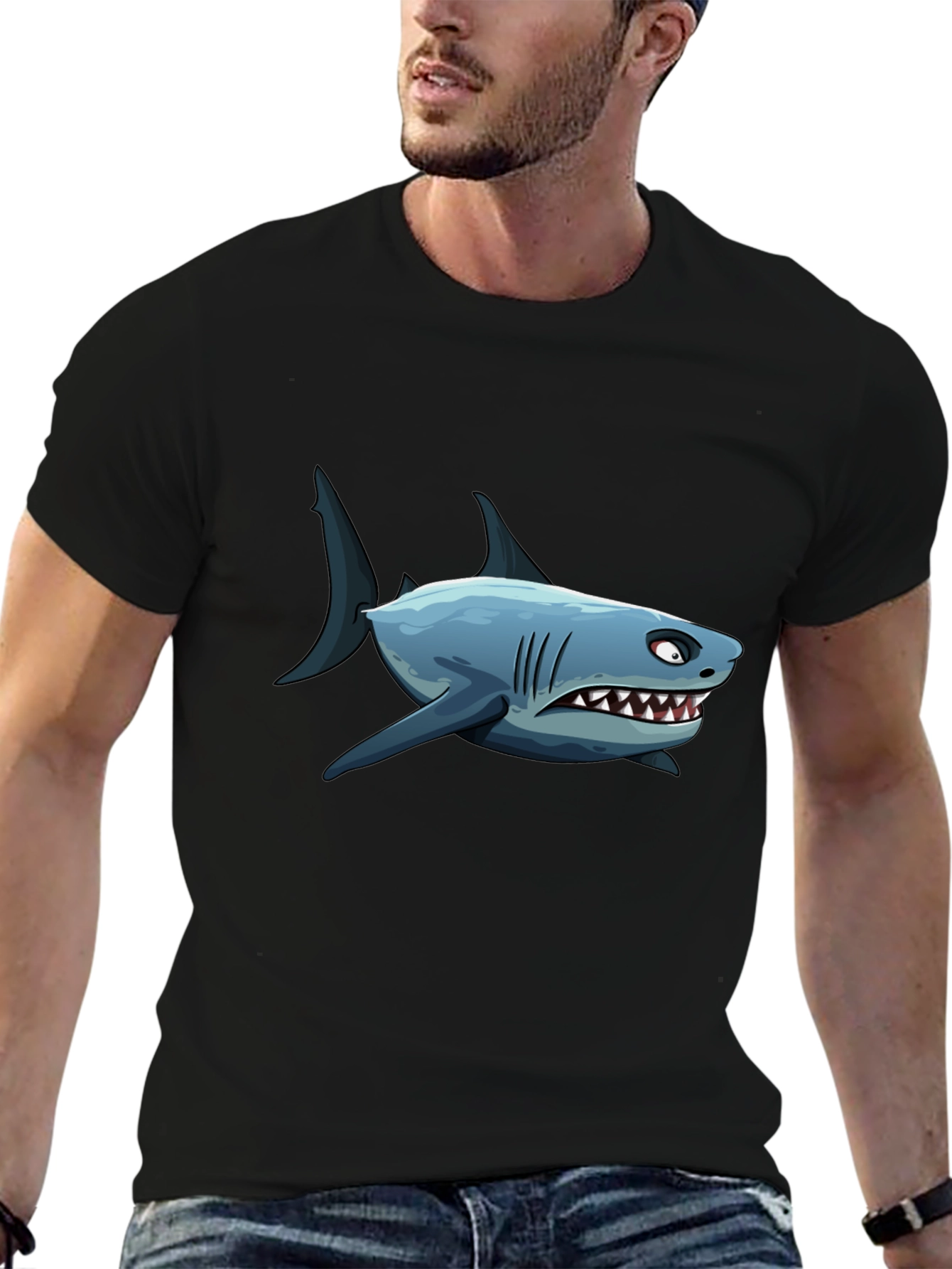 Mens Shark Cartoon Graphic Black T-Shirt