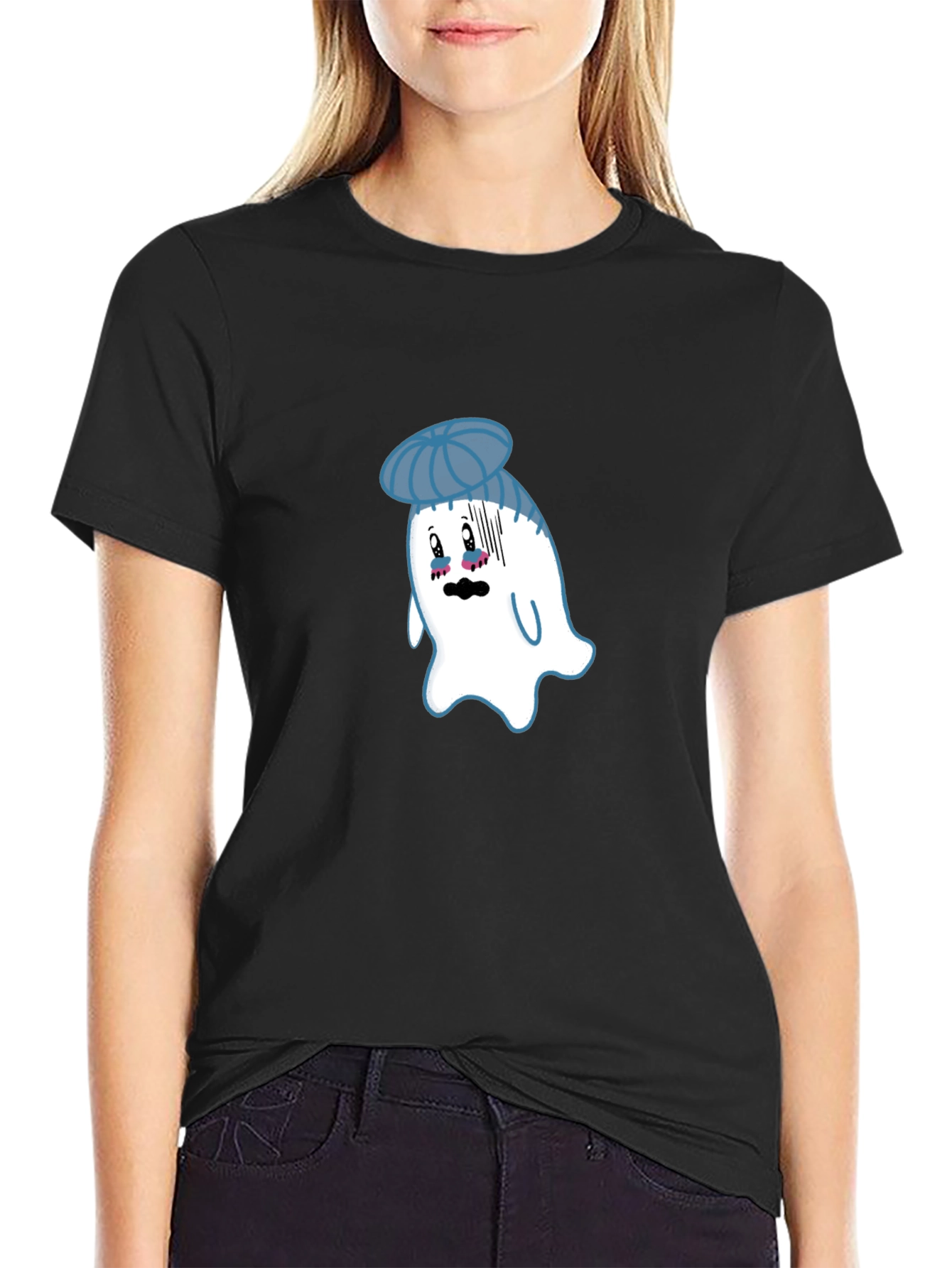 Funny Cartoon Ghost Graphic T-Shirt - Black