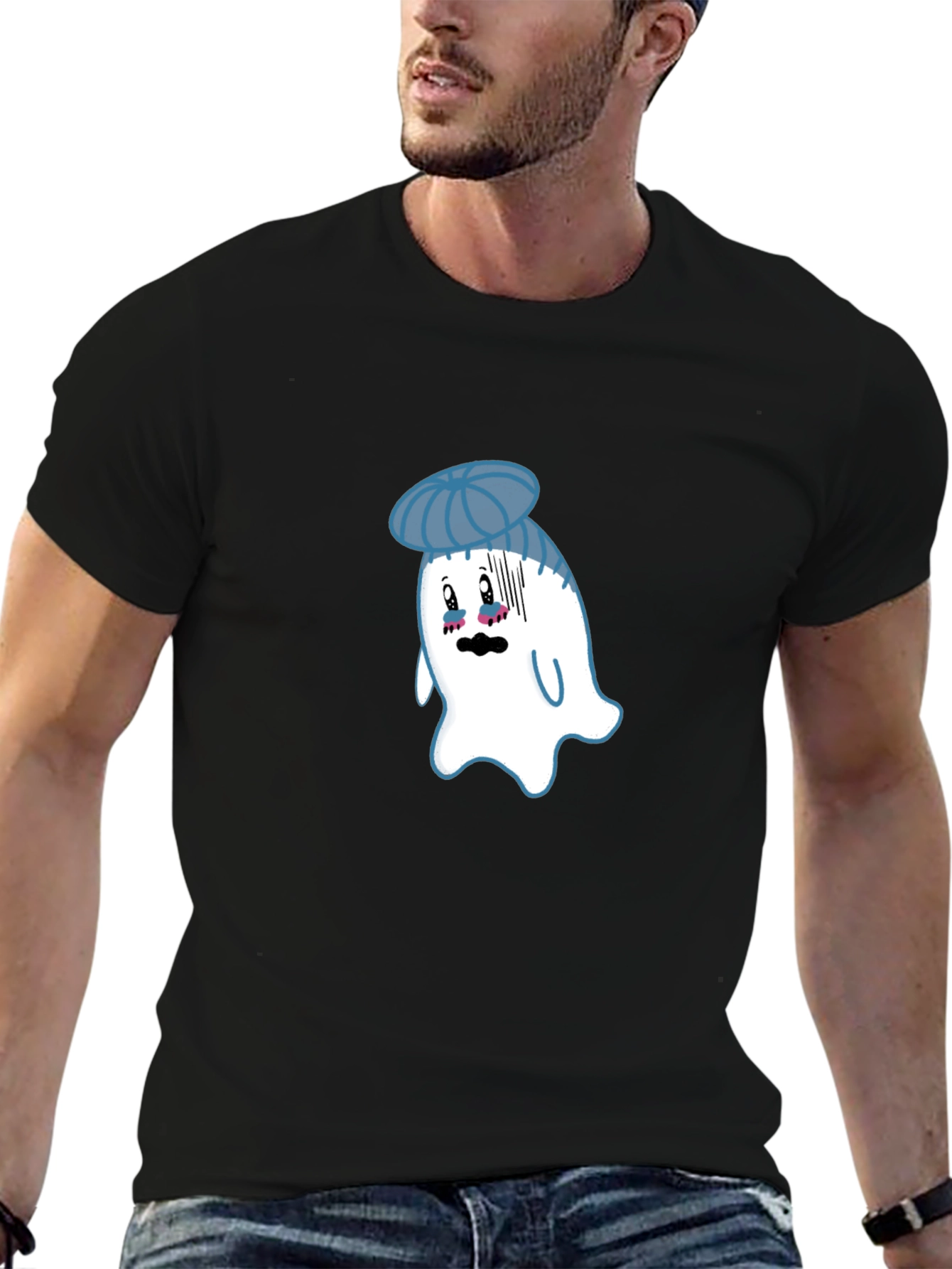 Funny Cartoon Ghost Graphic T-Shirt - Black