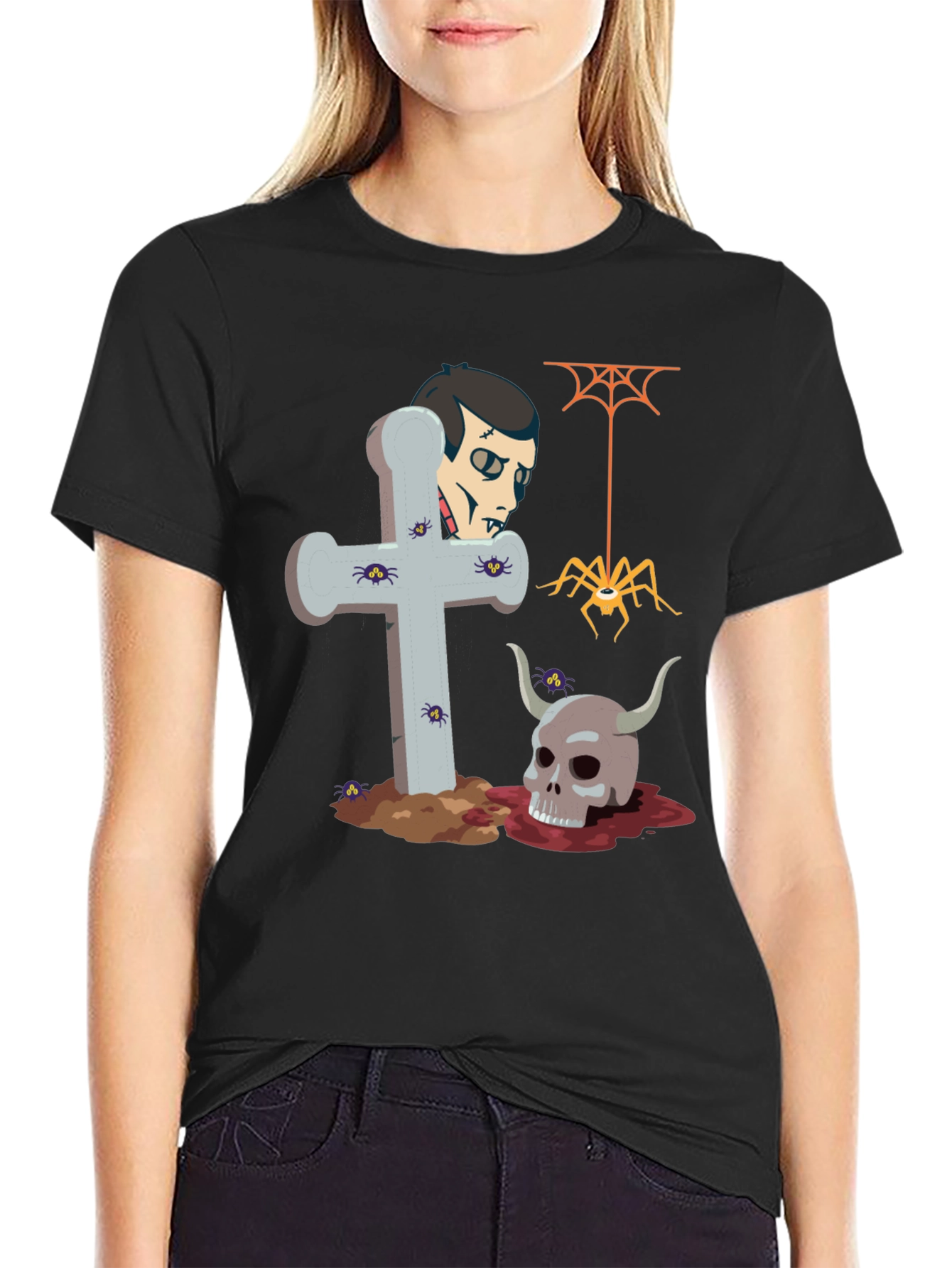Halloween Graphic Tee: Vampire Skull Spider