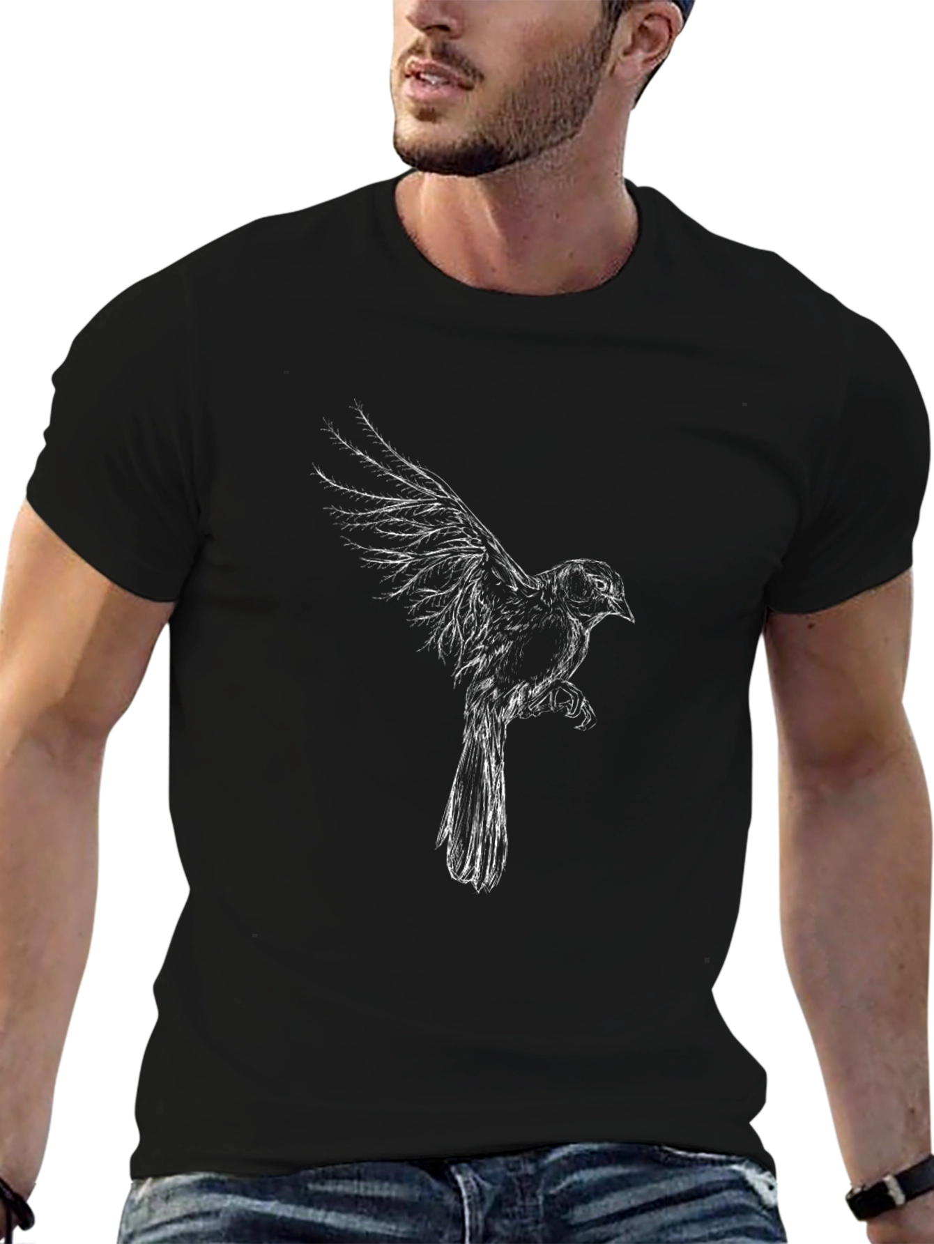 Black T-Shirt with Artistic Bird Print