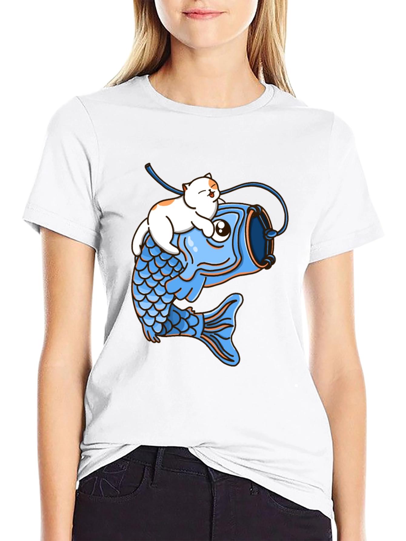 Cat Riding Fish Graphic T-Shirt