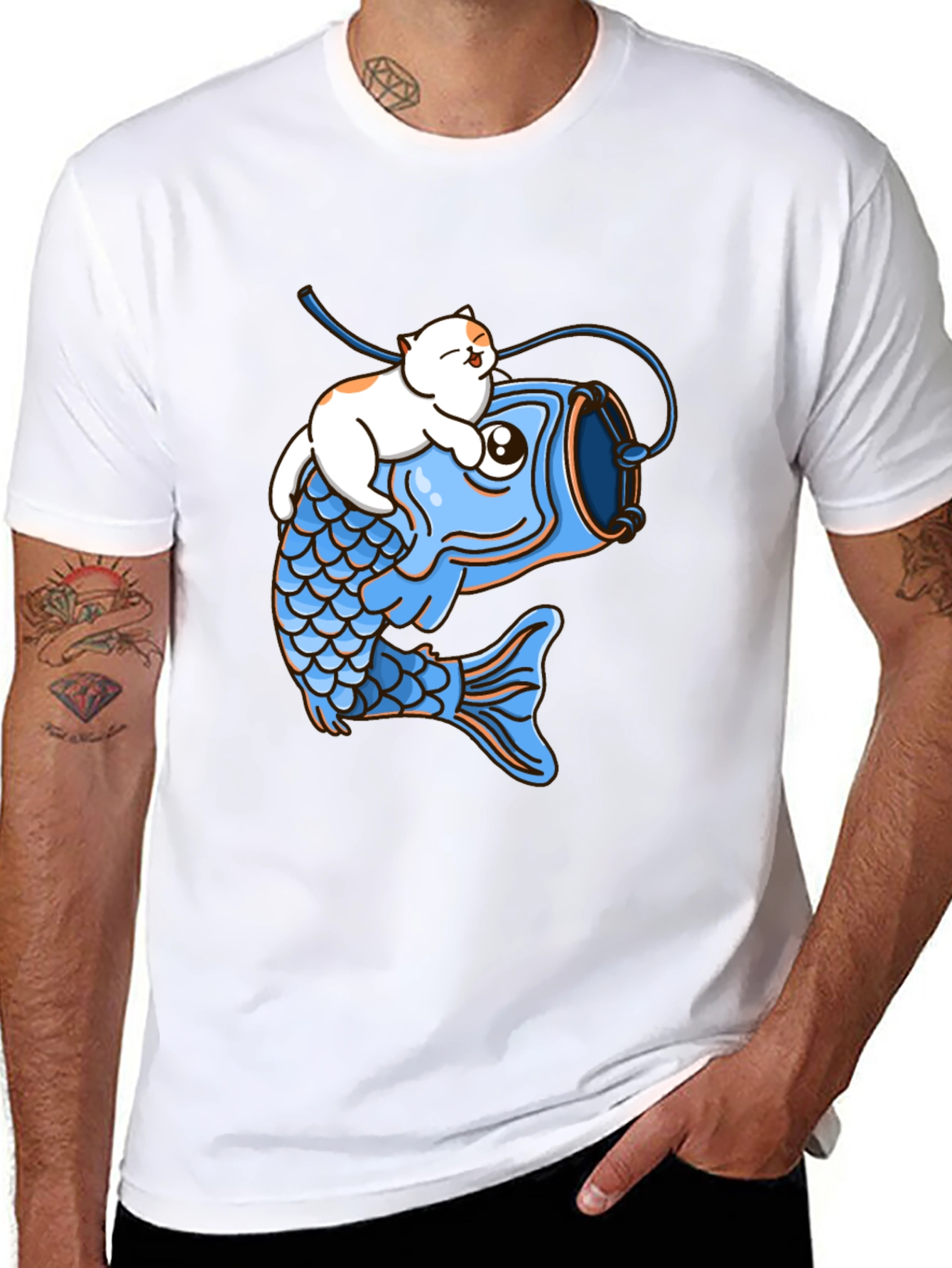 Cat Riding Fish Graphic T-Shirt