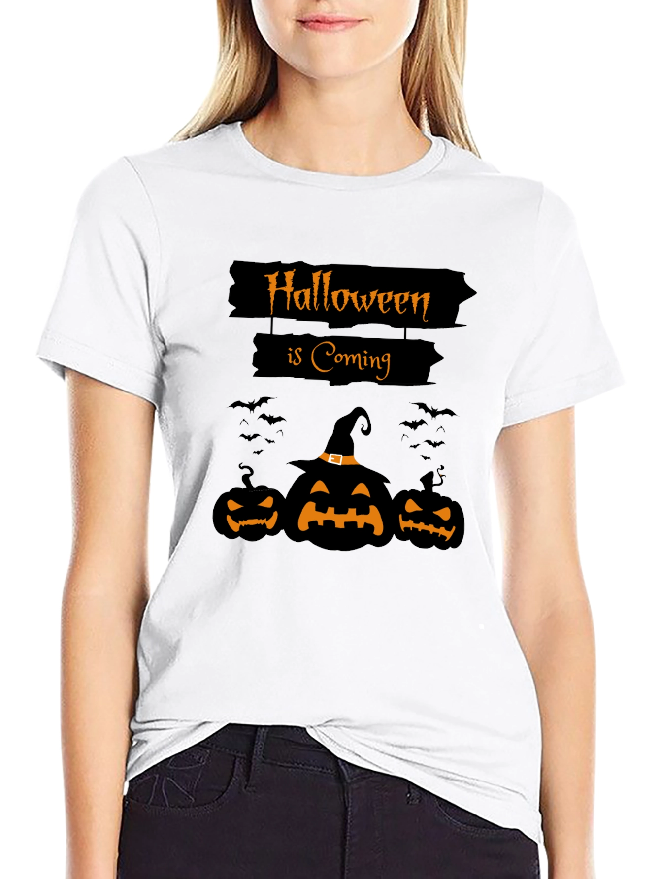 Halloween is Coming Black T-Shirt with Pumpkins