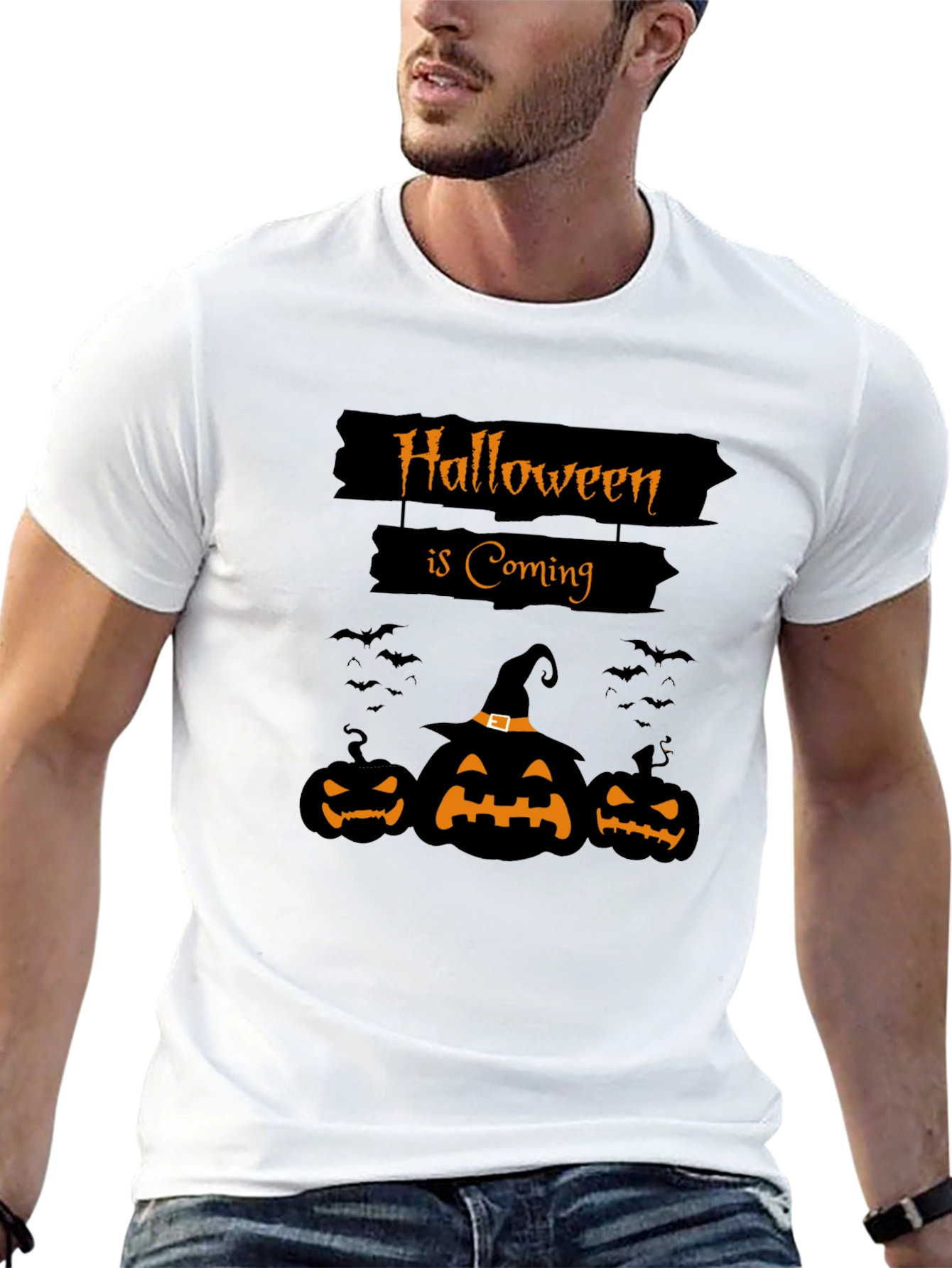 Halloween is Coming Black T-Shirt with Pumpkins
