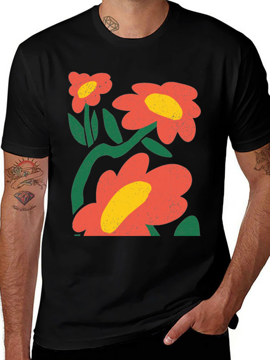 Retro Floral Graphic Tee - Black Cotton Casual Top
