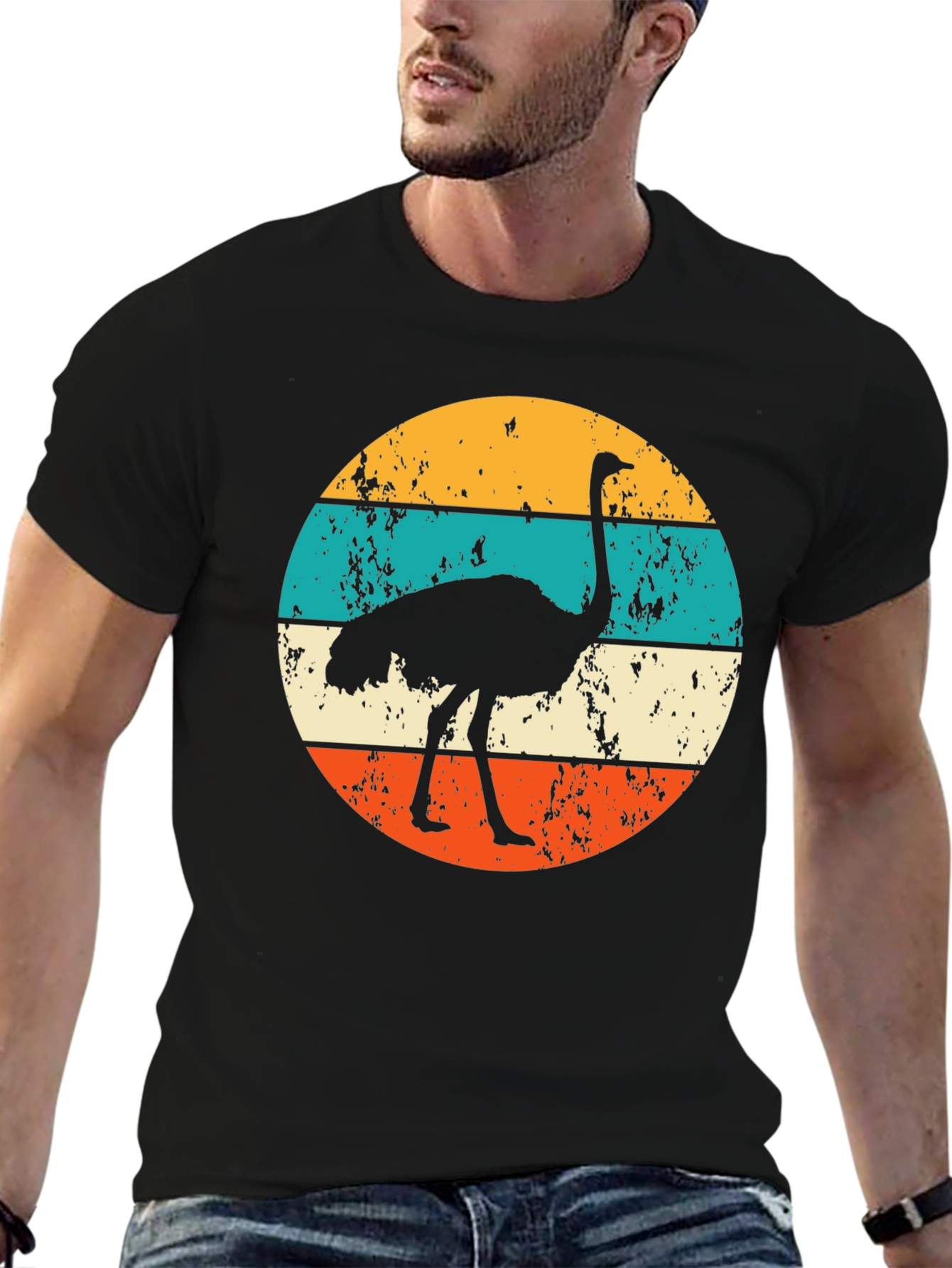 Retro Ostrich Sunset Graphic Tee - Black