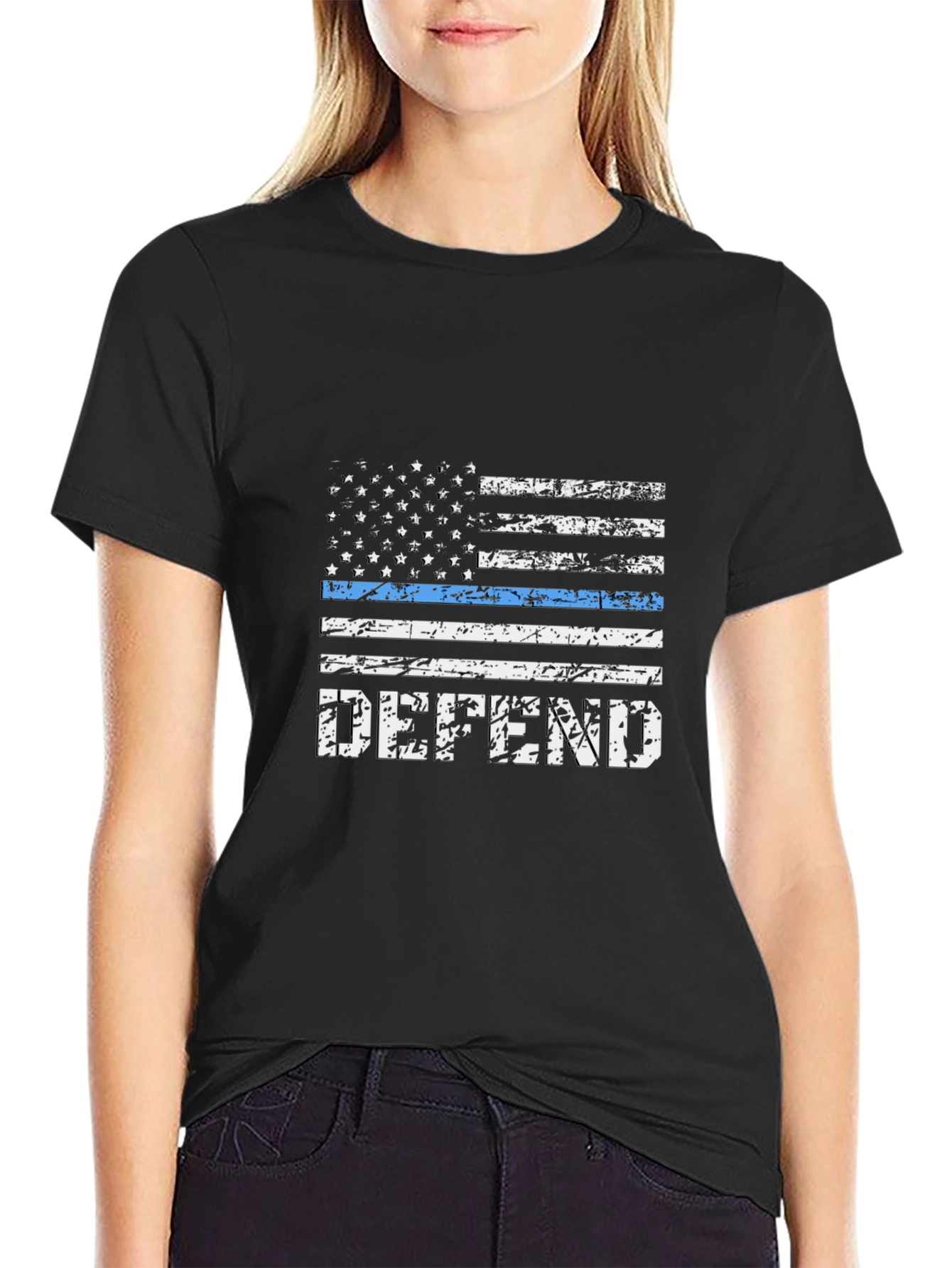 Defend Blue Line Flag T-Shirt - Black