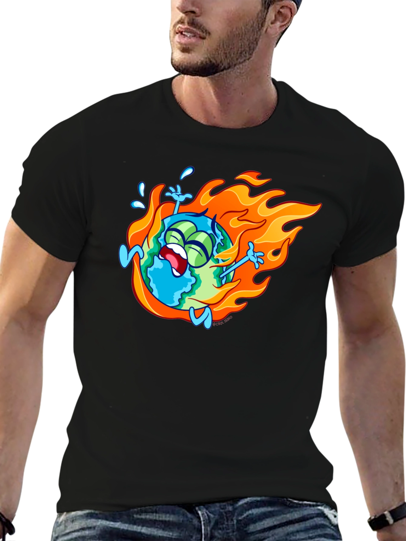 Burning Earth Graphic Tee - Black Cotton T-Shirt