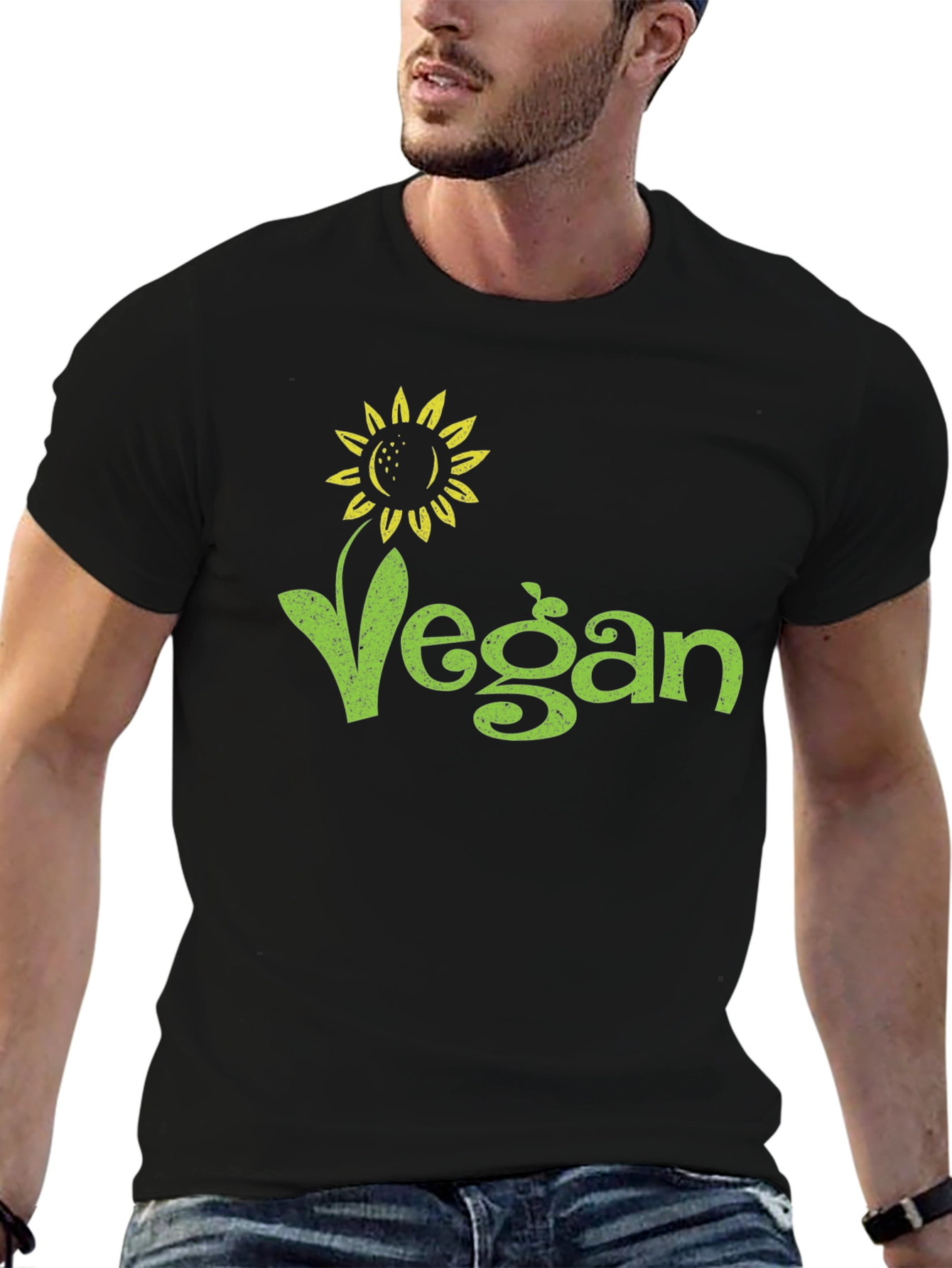 Vegan Sunflower Graphic Tee - Black Cotton T-Shirt