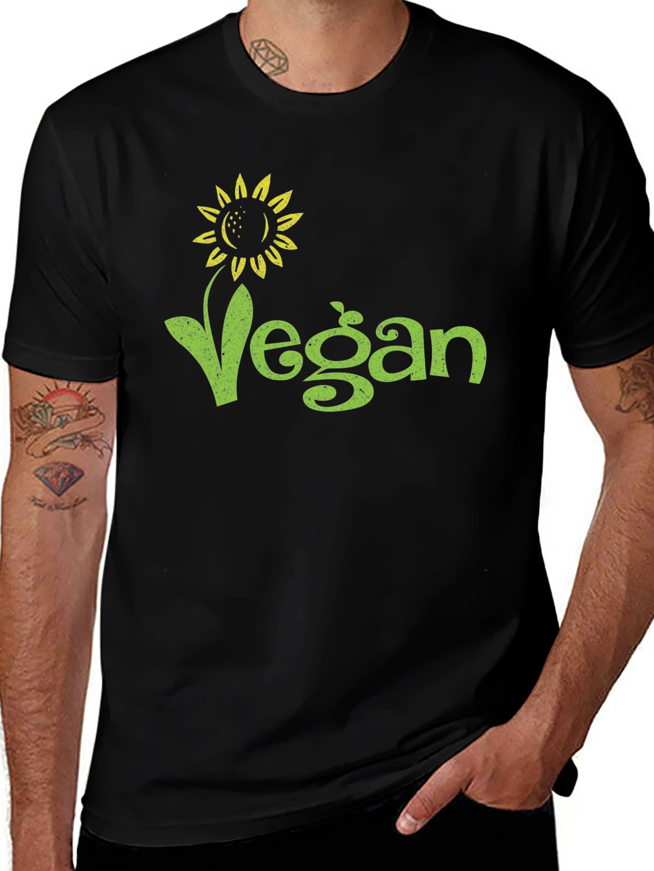 Vegan Sunflower Graphic Tee - Black Cotton T-Shirt