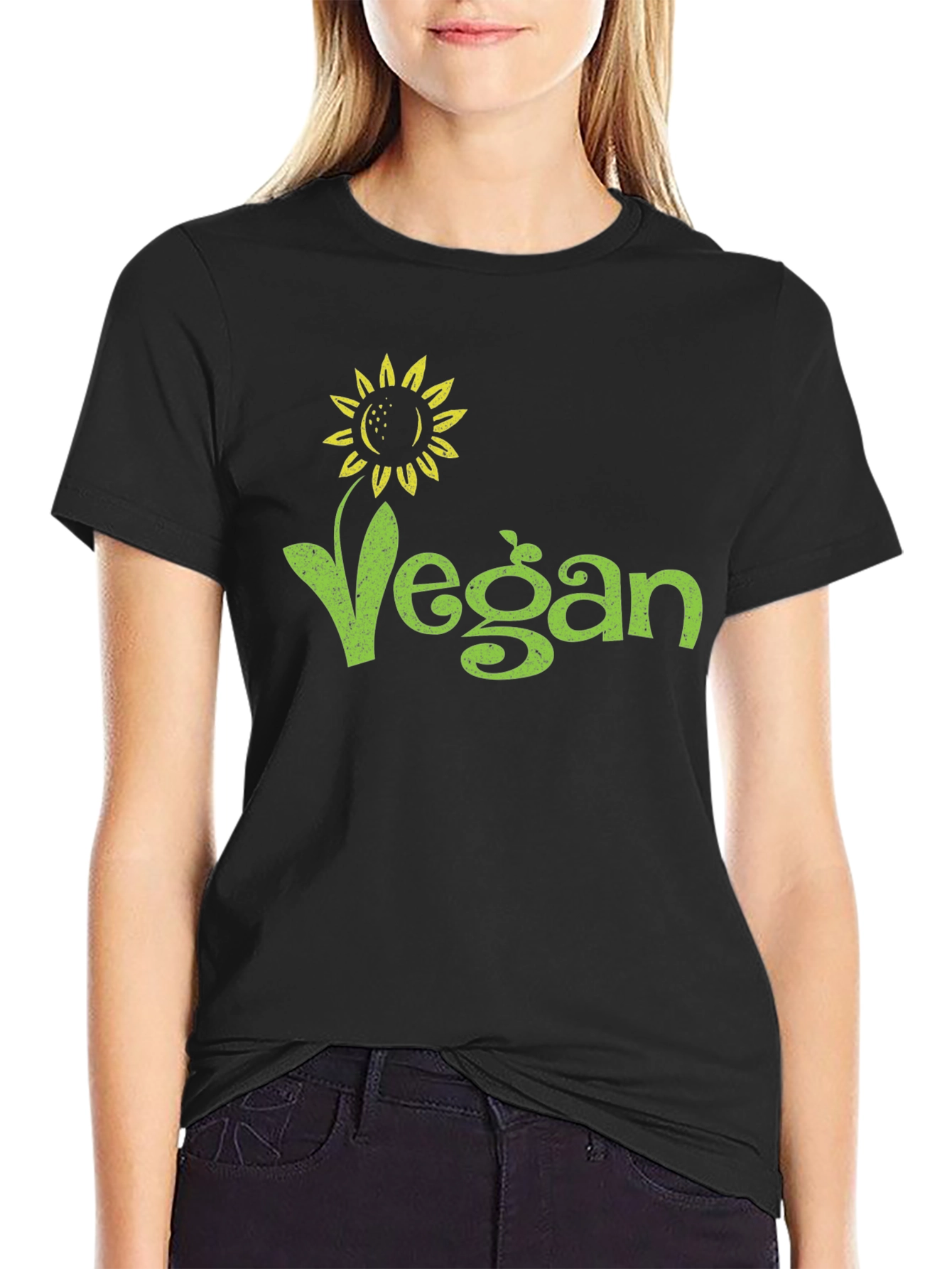 Vegan Sunflower Graphic Tee - Black Cotton T-Shirt