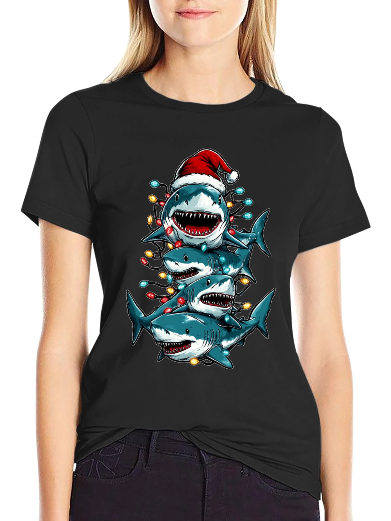 Christmas Shark Stack T-Shirt Holiday Tee