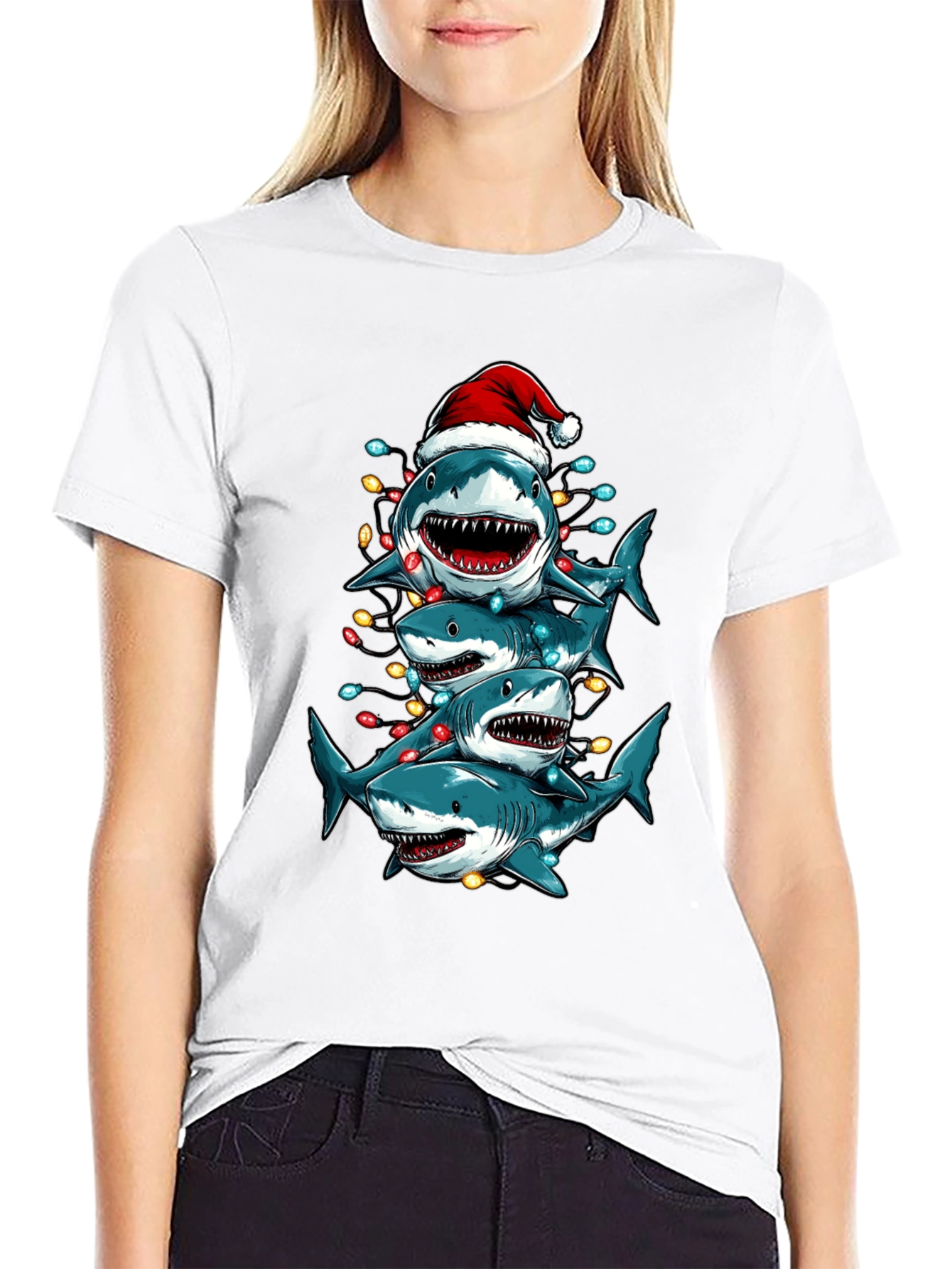 Christmas Shark Stack T-Shirt Holiday Tee