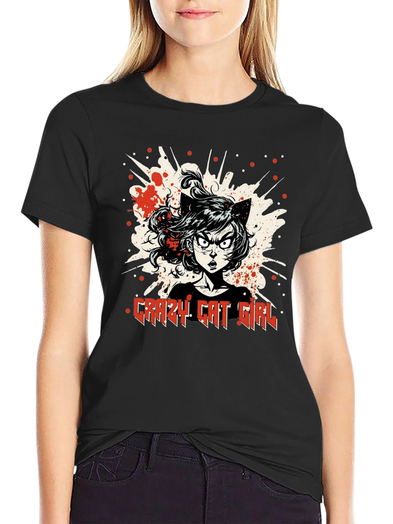 Crazy Cat Girl Graphic T-Shirt - Black