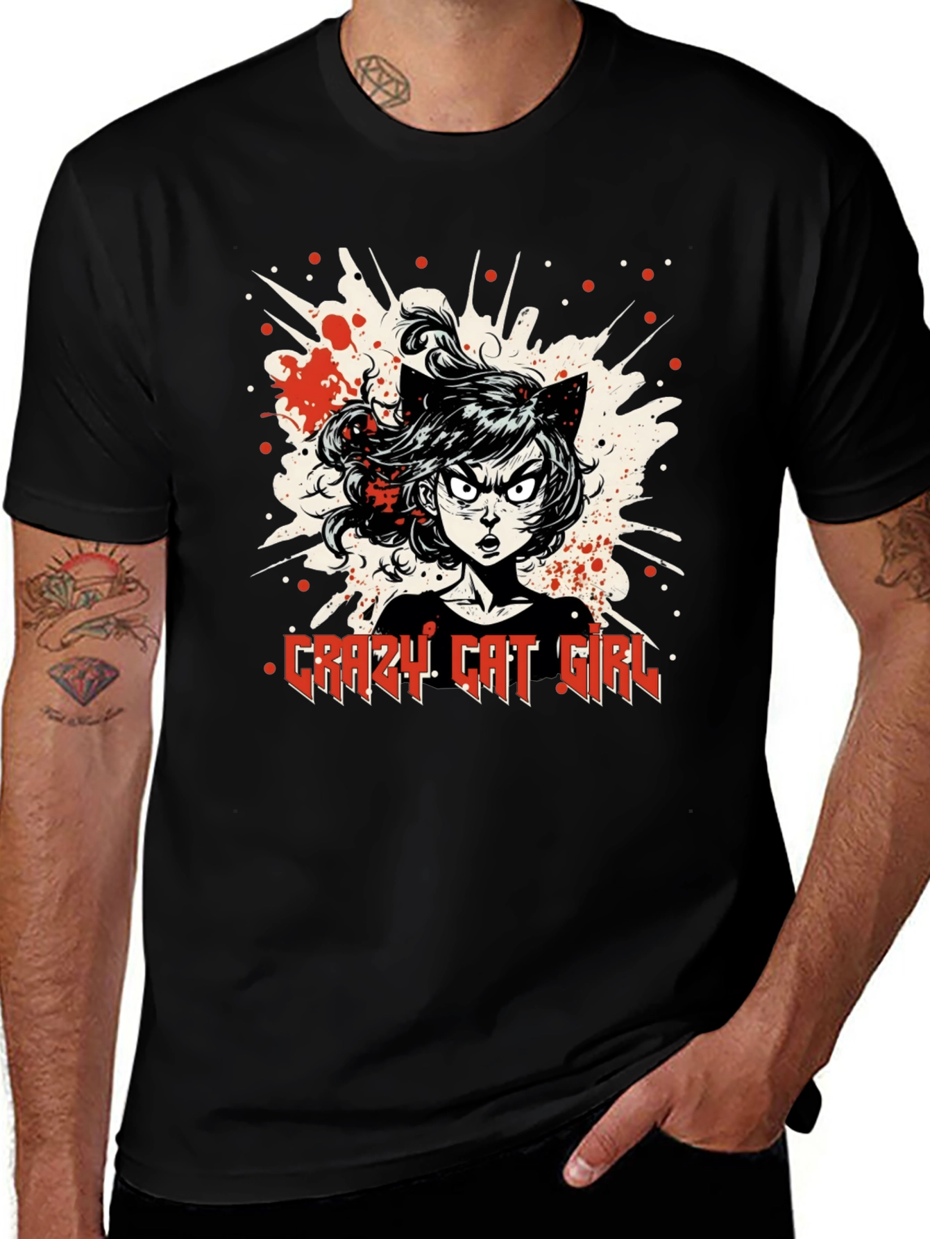 Crazy Cat Girl Graphic T-Shirt - Black