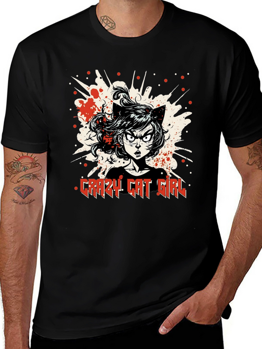 Crazy Cat Girl Graphic T-Shirt - Black