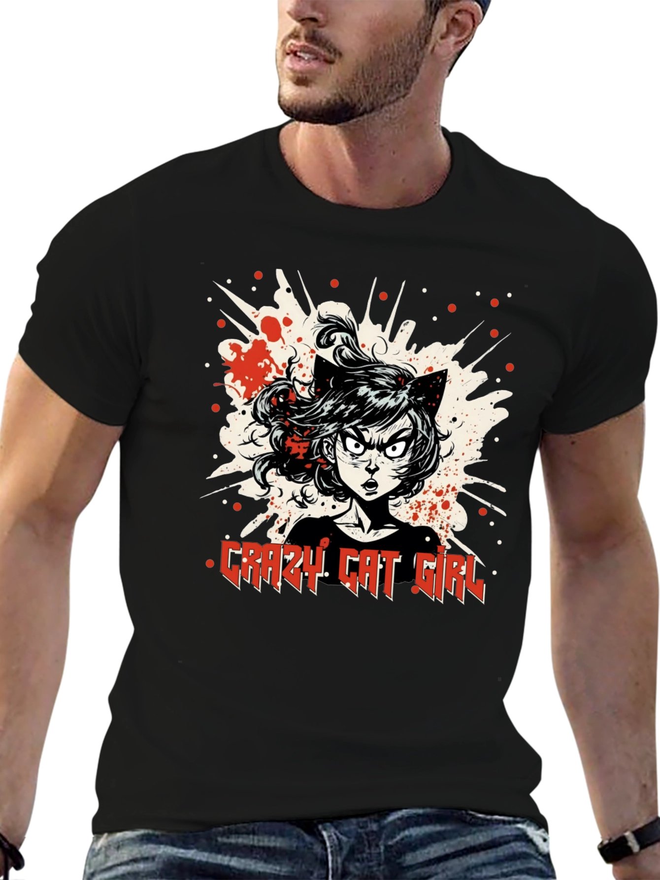 Crazy Cat Girl Graphic T-Shirt - Black