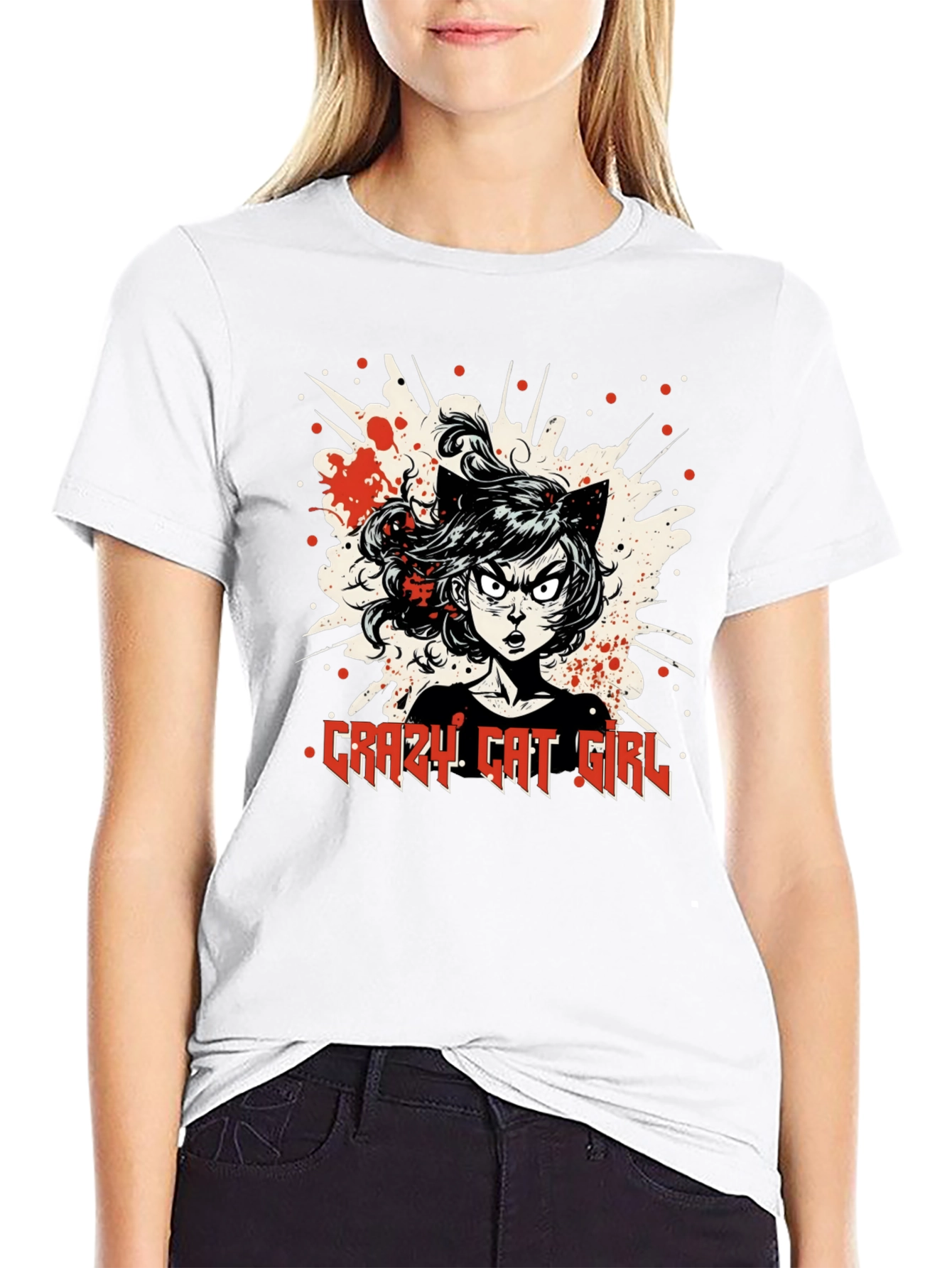 Crazy Cat Girl Graphic T-Shirt - Black