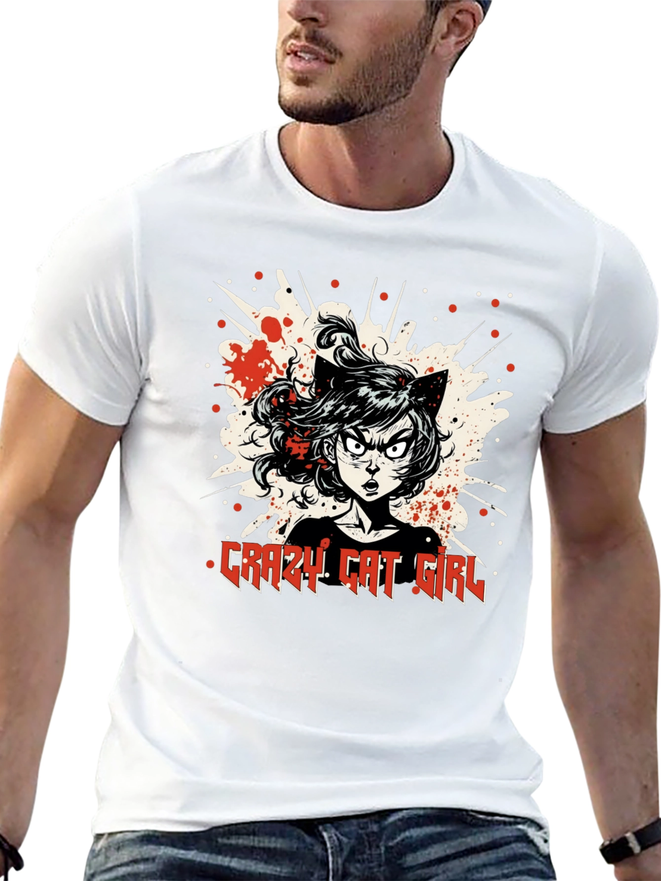 Crazy Cat Girl Graphic T-Shirt - Black