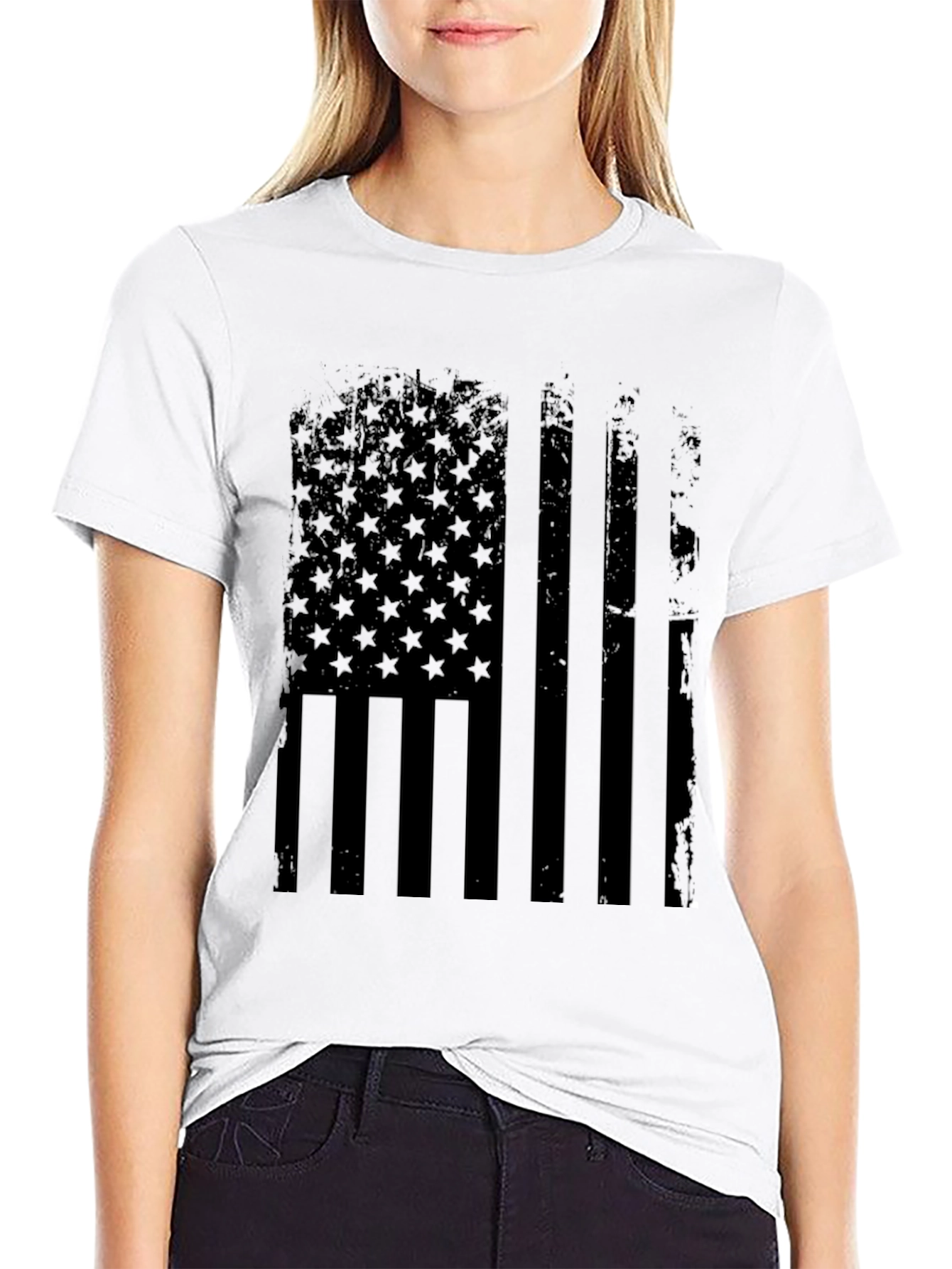 Distressed American Flag Graphic Tee - Black