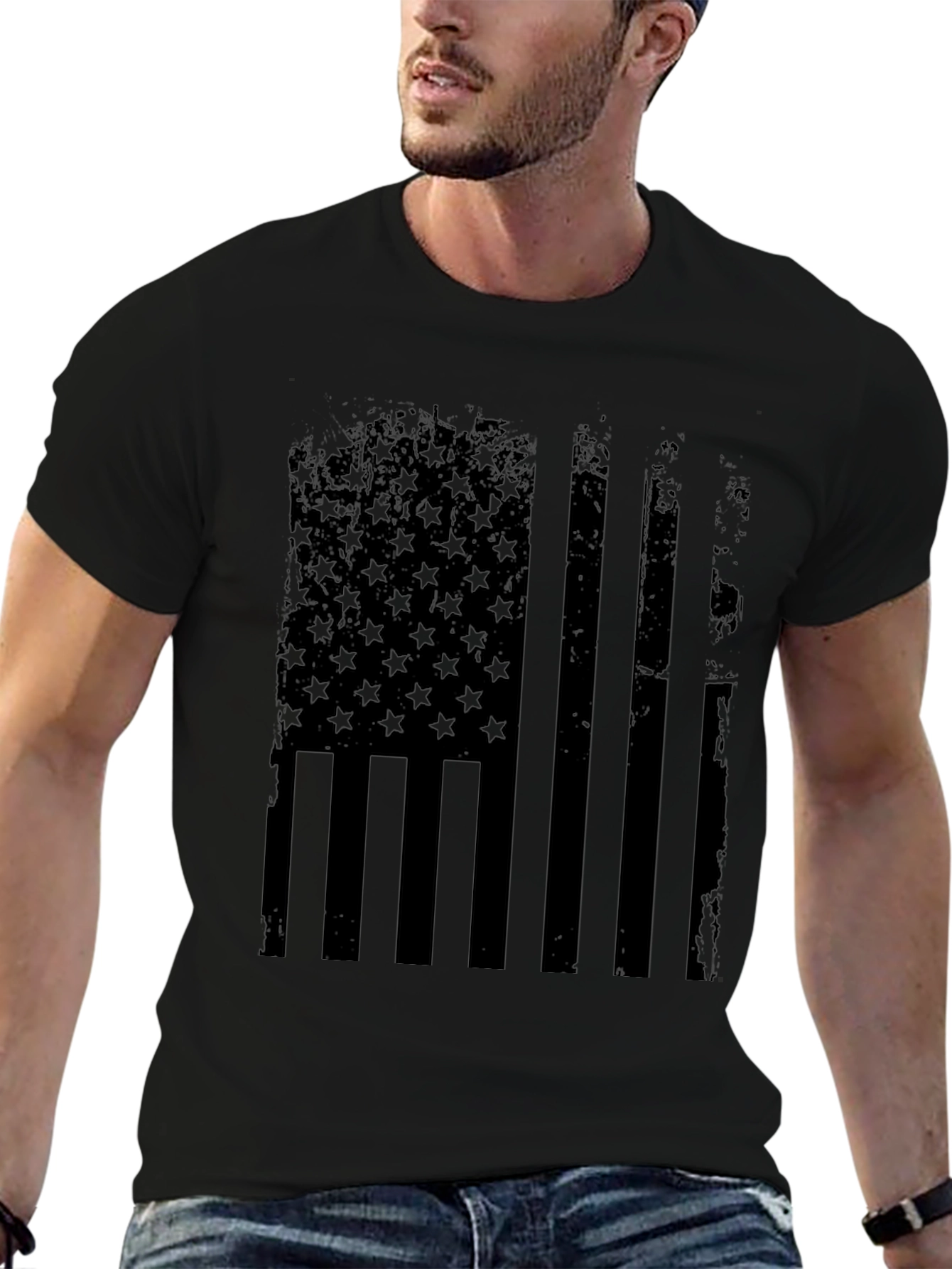 Distressed American Flag Graphic Tee - Black