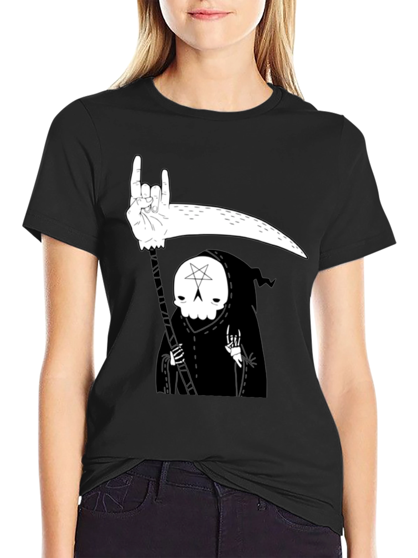 Grim Reaper Rock On Graphic Tee - Black