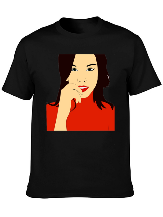 Woman Portrait Graphic Tee - Black Cotton Casual Shirt